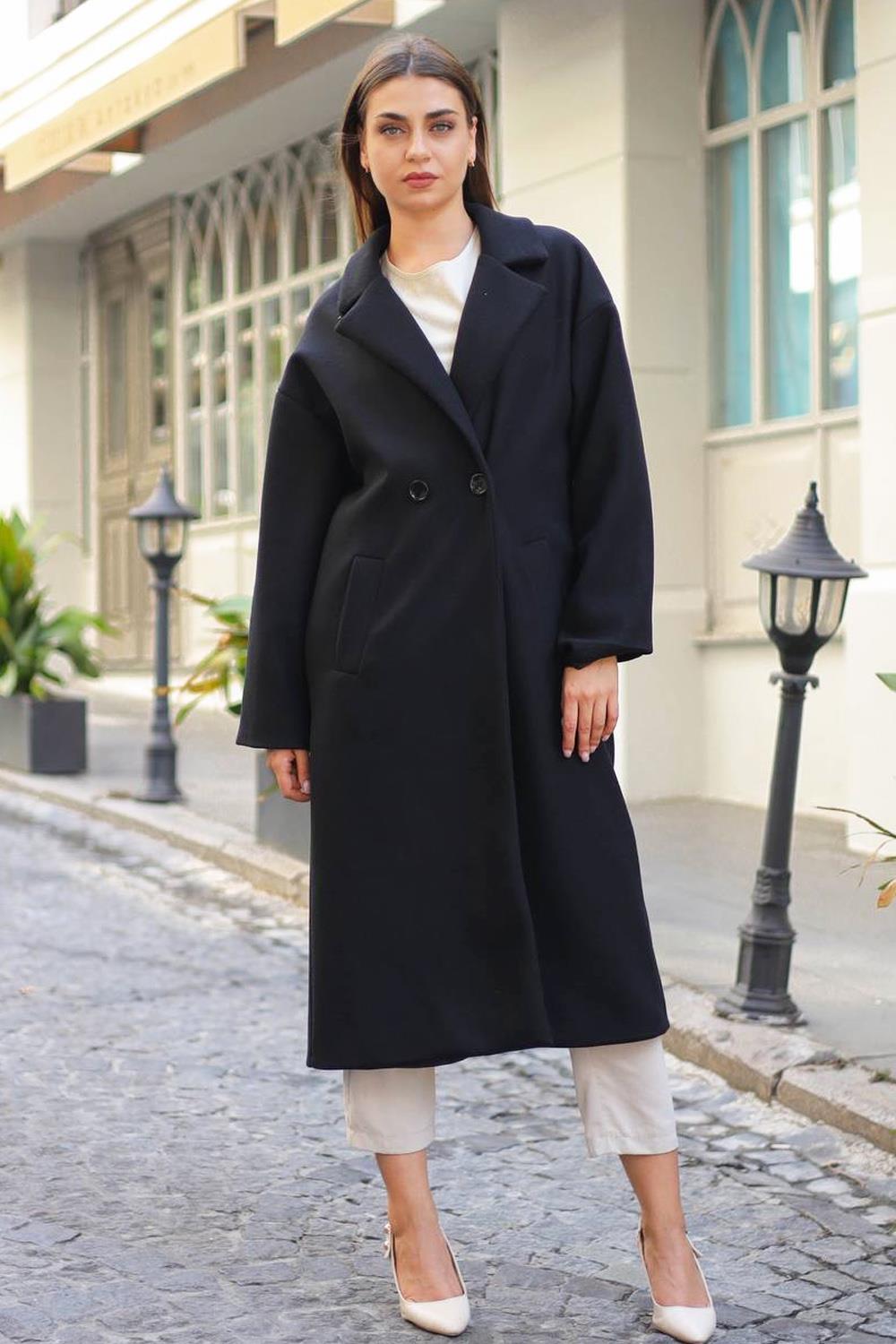 Çift Düğmeli Kaşe Kaban Siyah