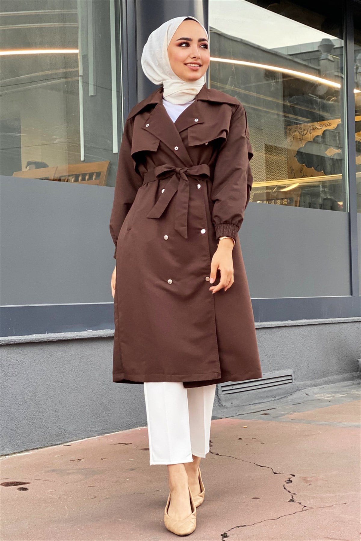 Çıtçıt Detaylı Gabardin Trençkot-Acı Kahve