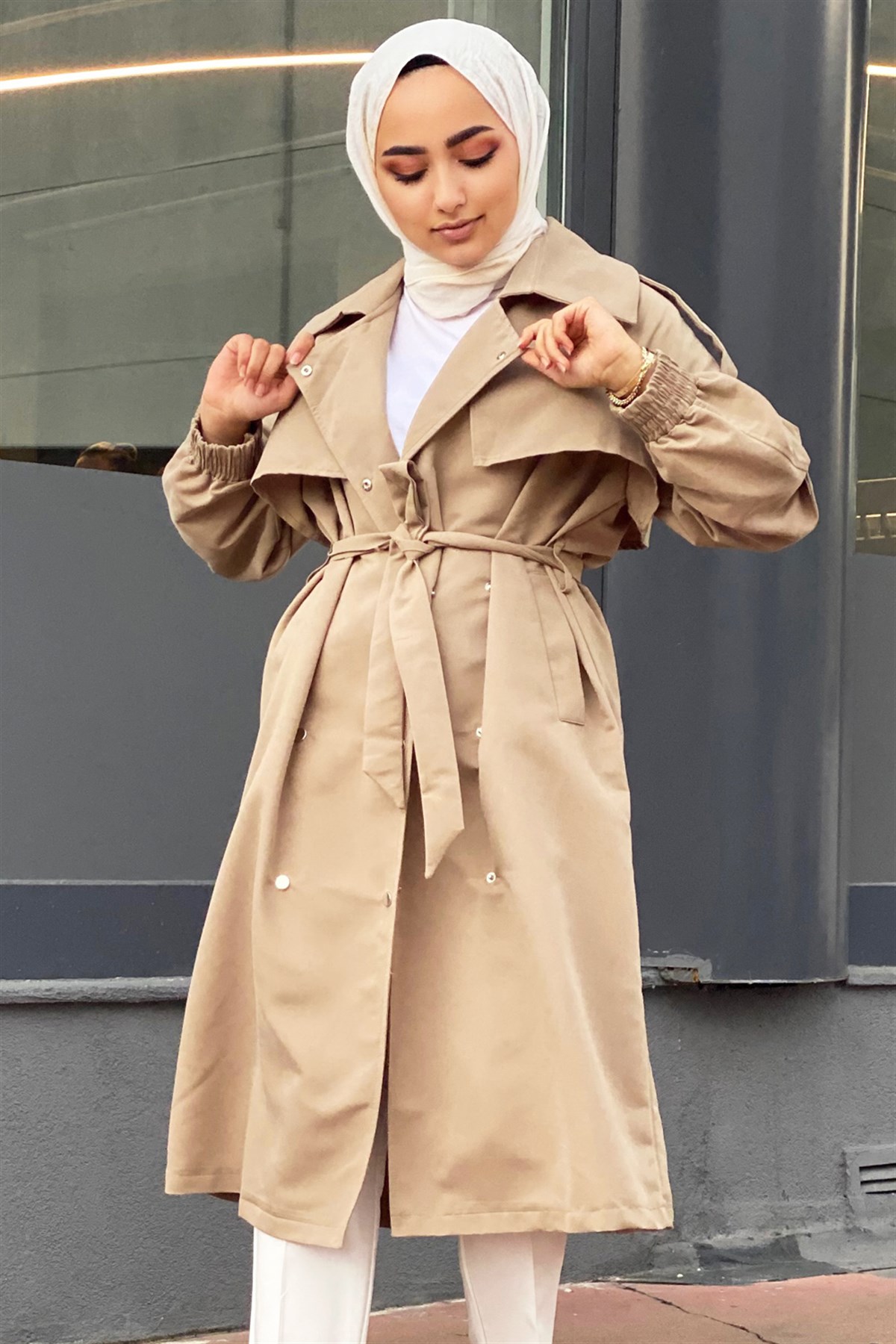 Çıtçıt Detaylı Gabardin Trençkot-Bej