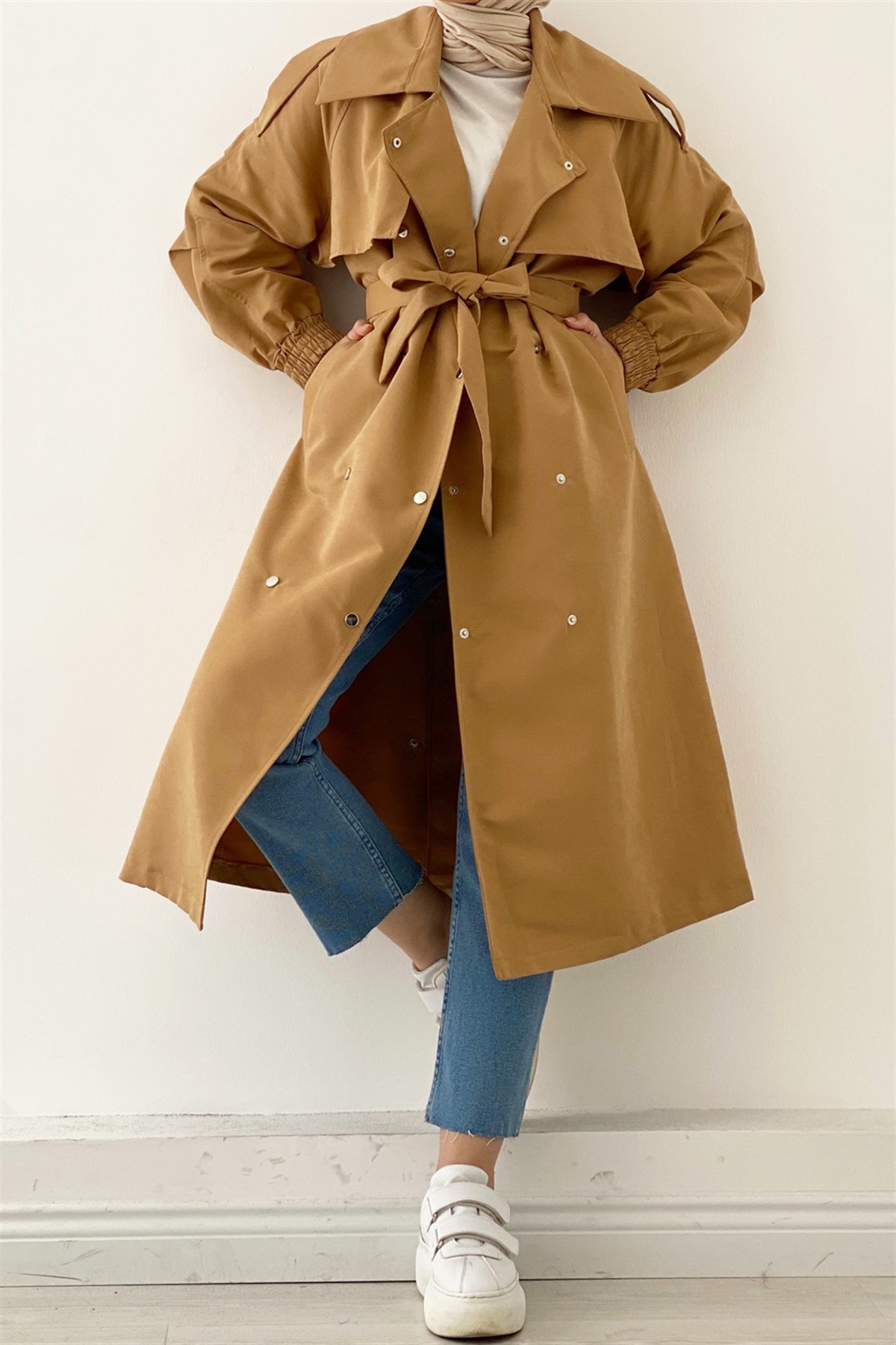 Çıtçıt Detaylı Gabardin Trençkot-Camel