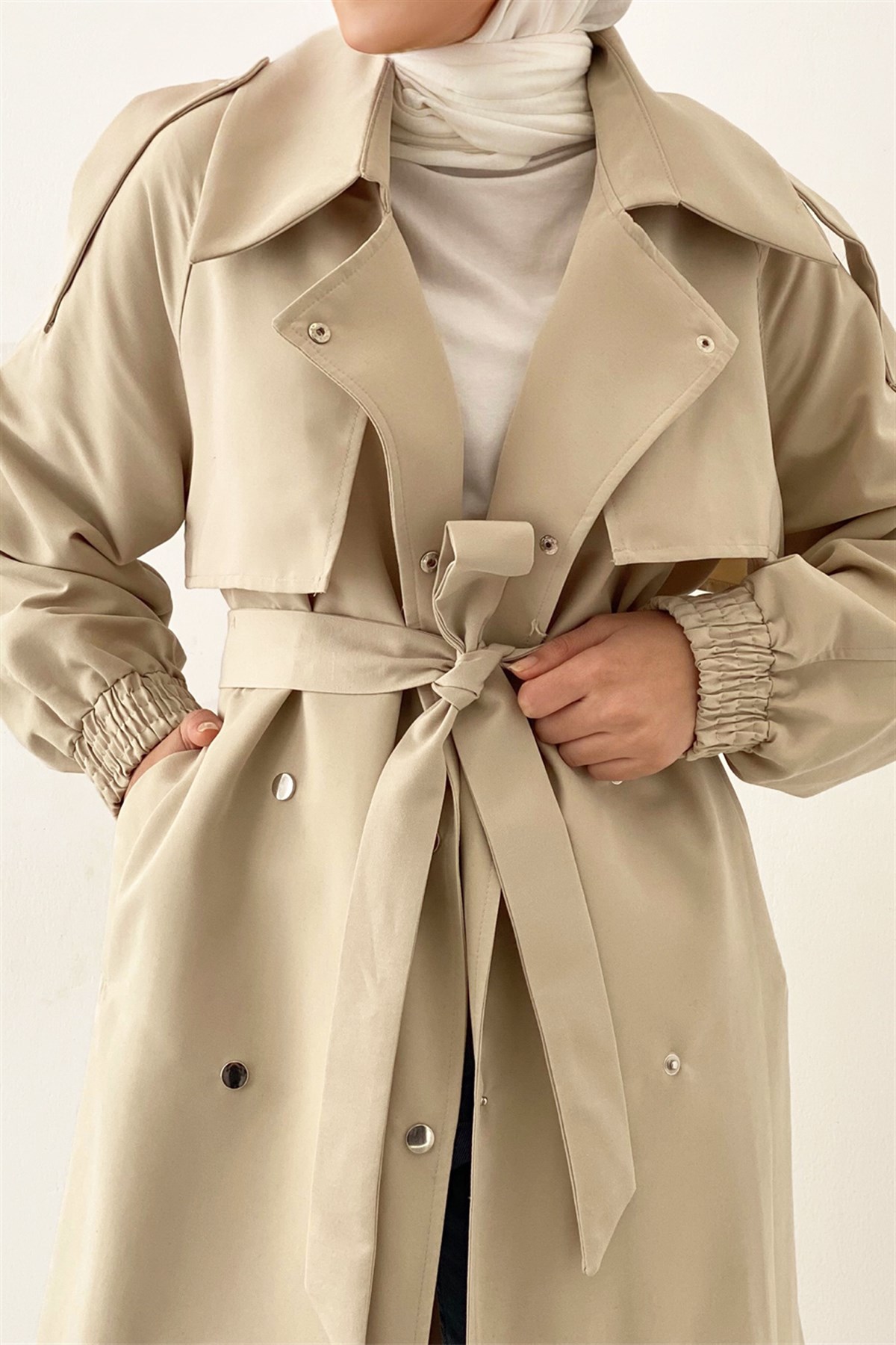 Çıtçıt Detaylı Gabardin Trençkot-Taş