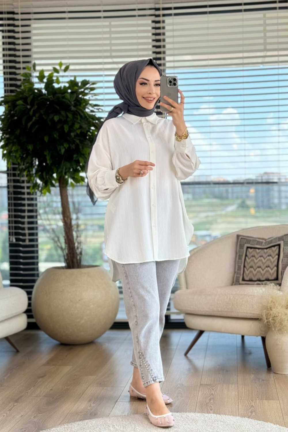 Çizgili Oversize Gömlek Ekru