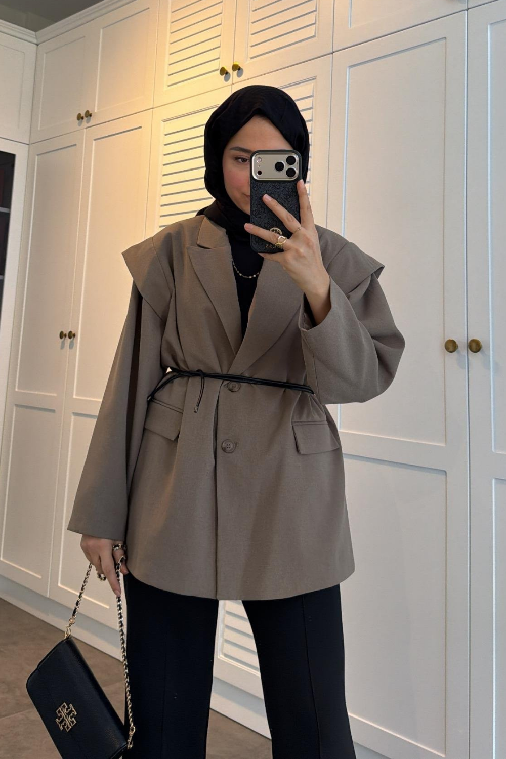 Deri Kemerli Ceket Haki