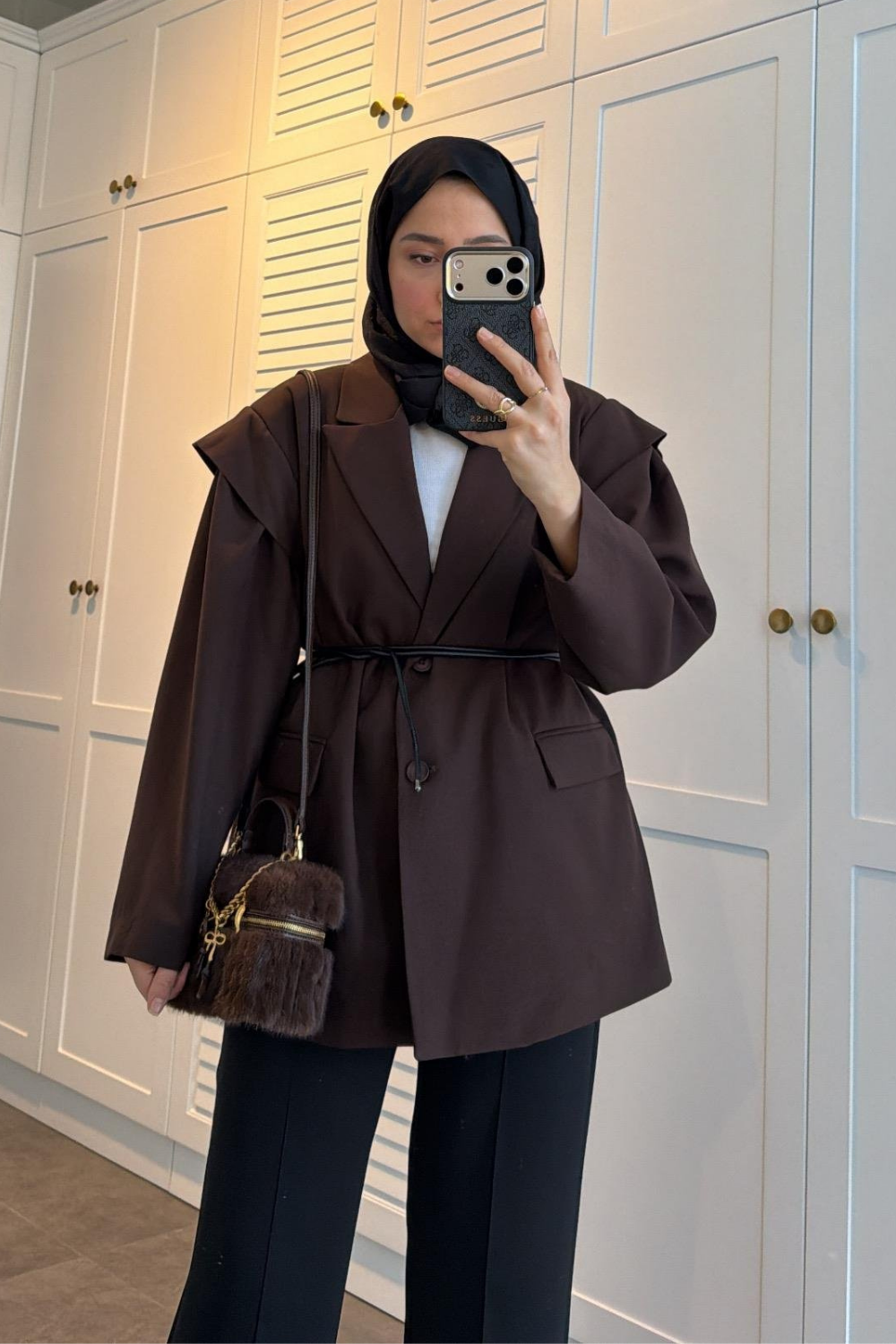 Deri Kemerli Ceket Kahve