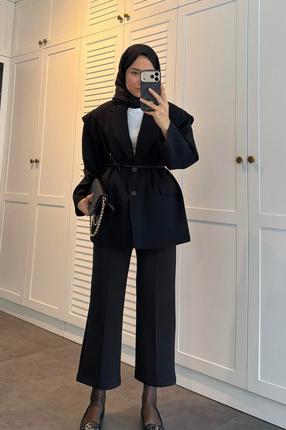 Deri Kemerli Ceket Siyah