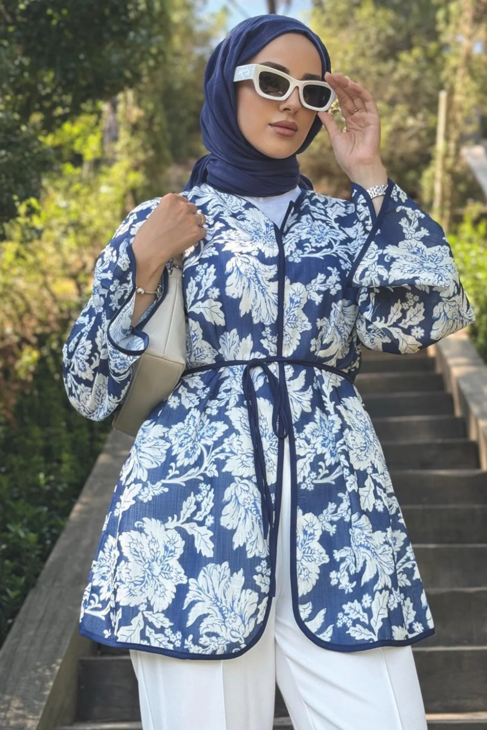 Desenli Keten Kimono Lacivert