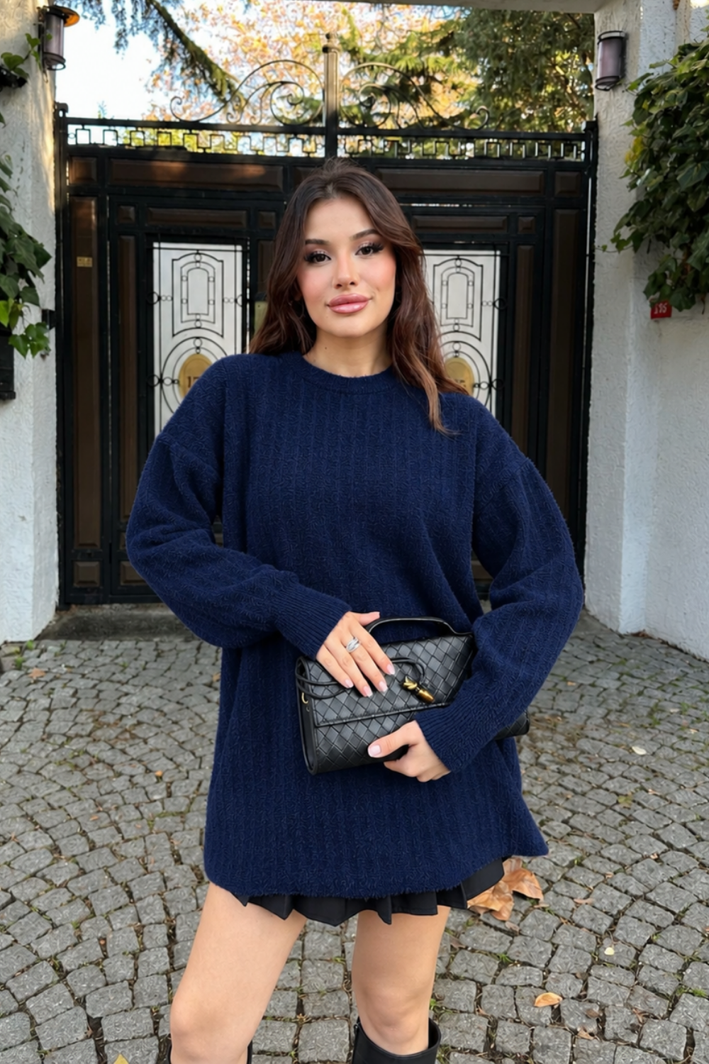 Dik Çizgili Triko Kazak Lacivert