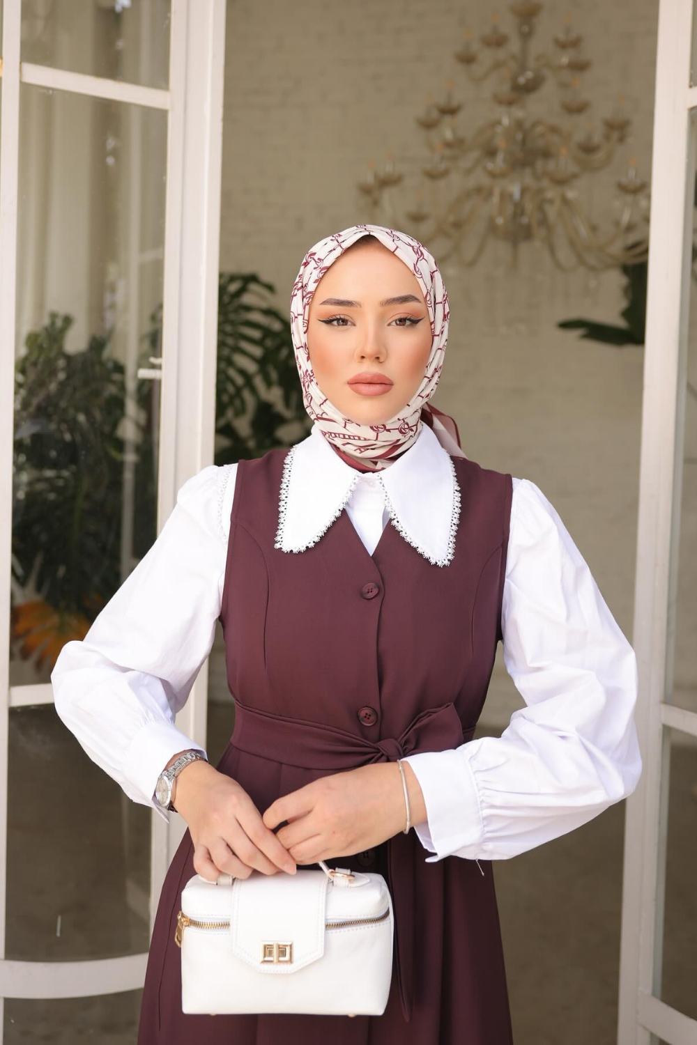 Düğmeli Jile Elbise Bordo