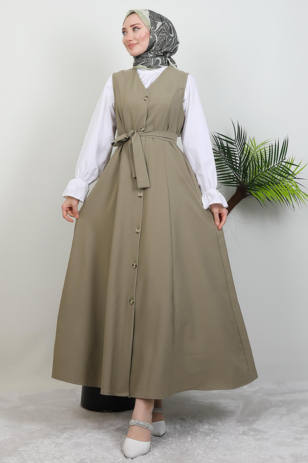 Düğmeli Jile Elbise Haki