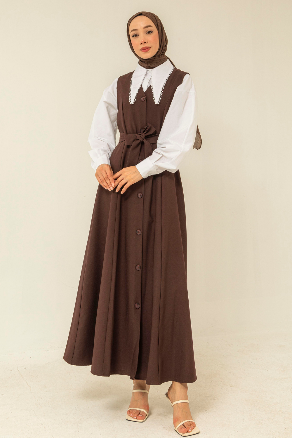 Düğmeli Jile Elbise Kahve