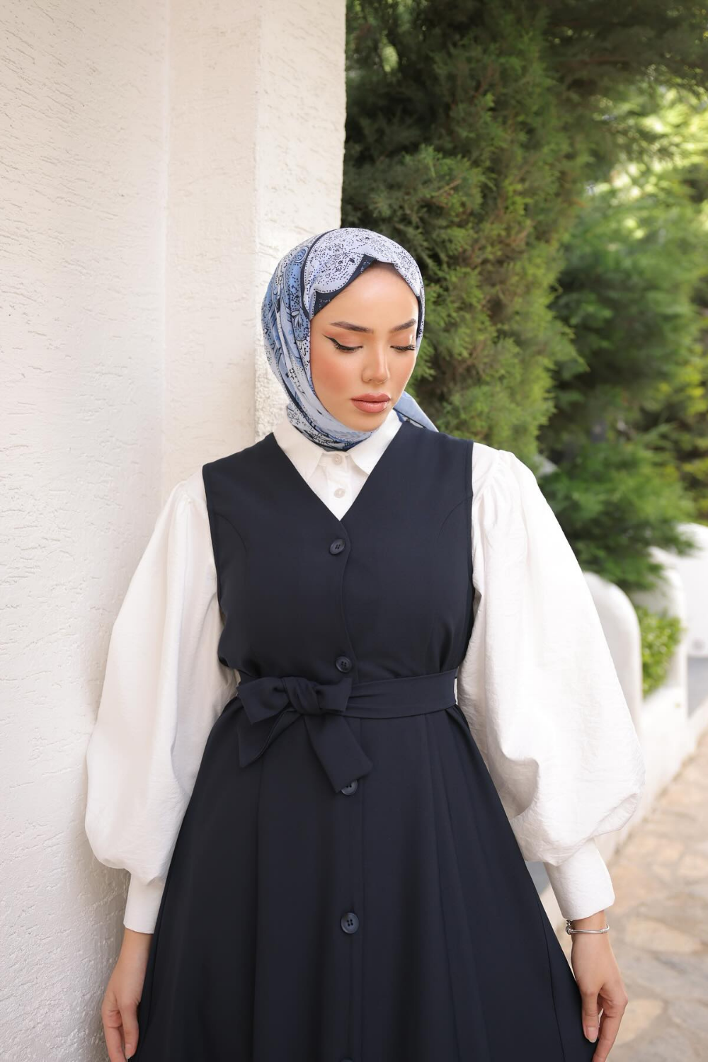 Düğmeli Jile Elbise Lacivert