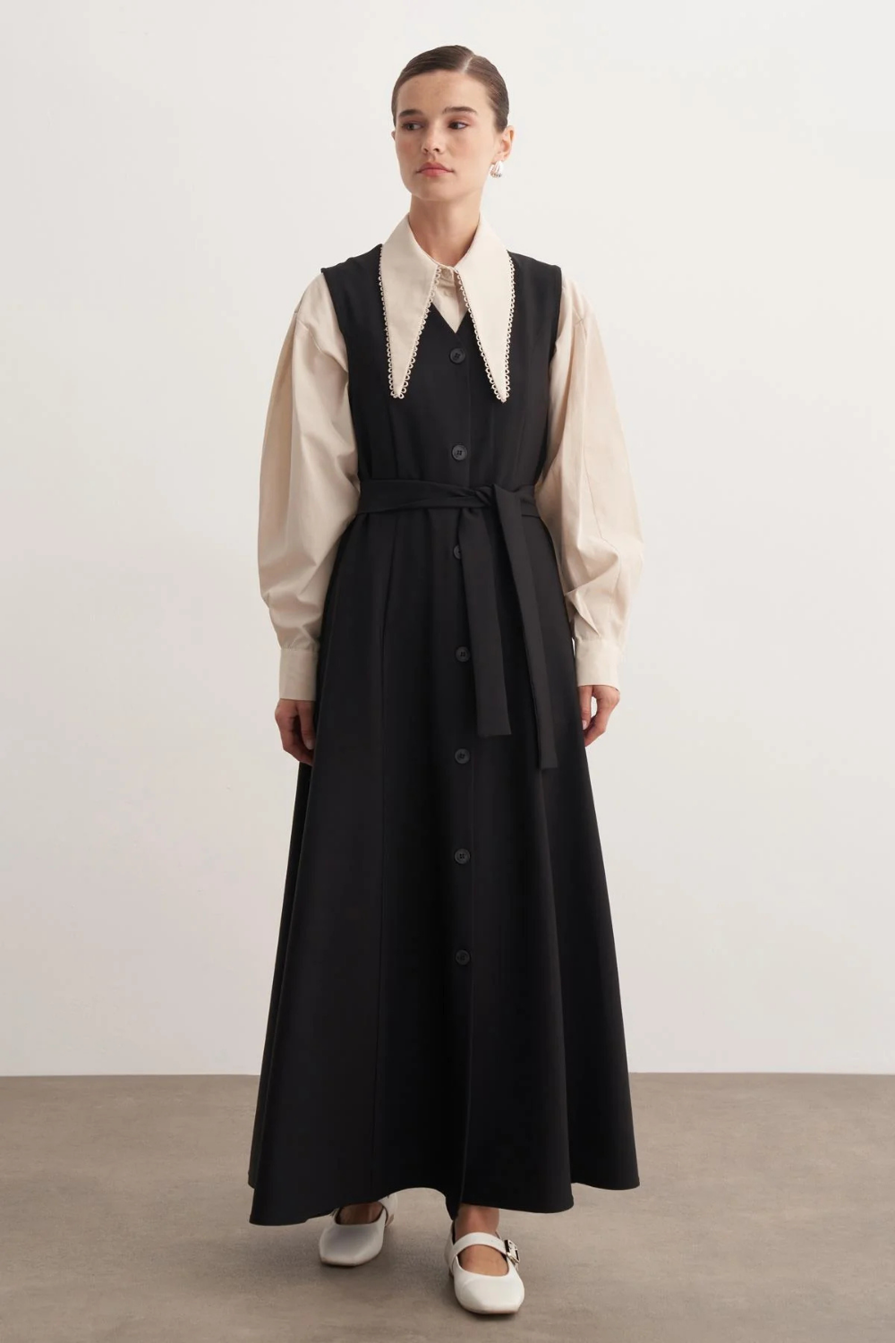 Düğmeli Jile Elbise Siyah