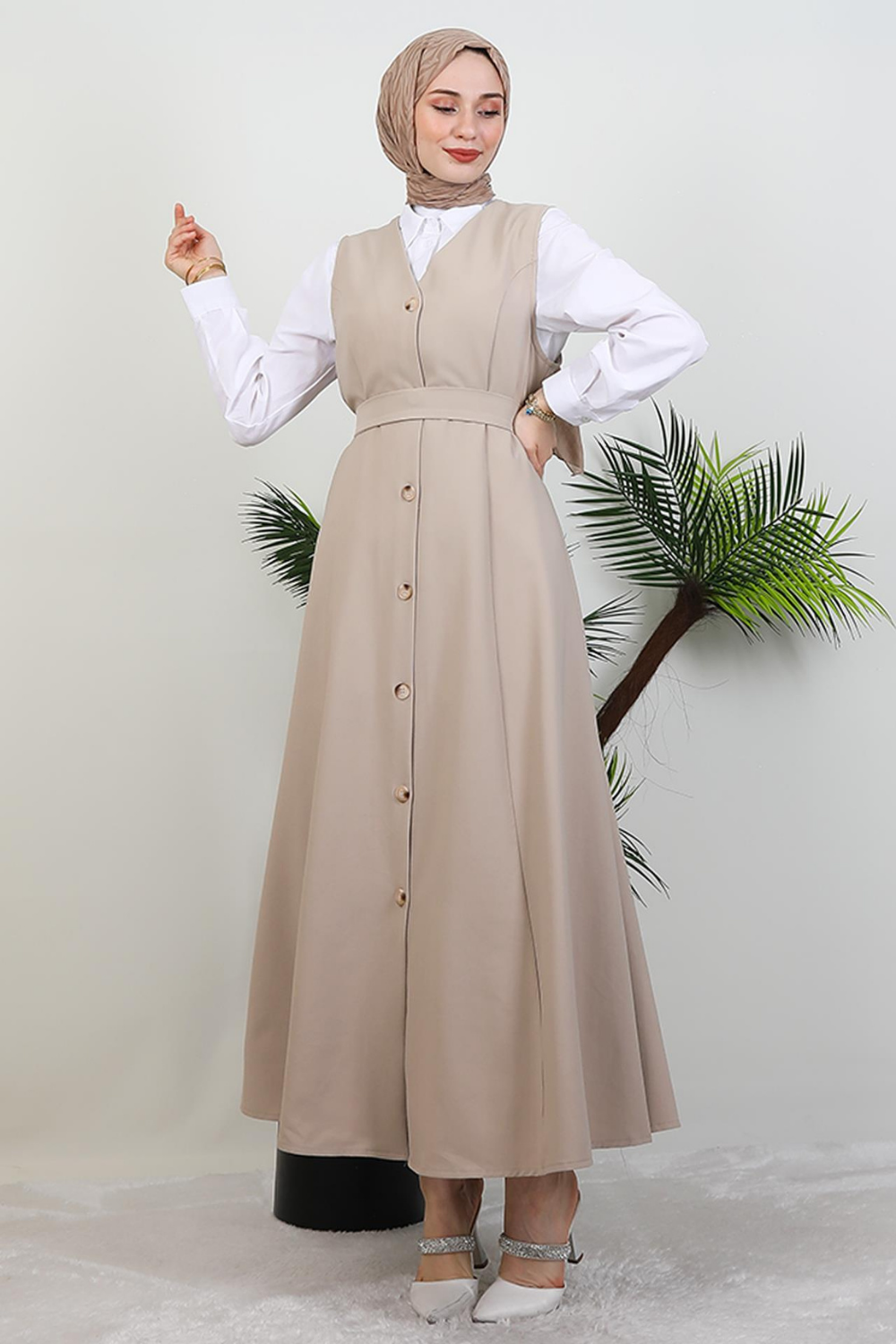 Düğmeli Jile Elbise Taş