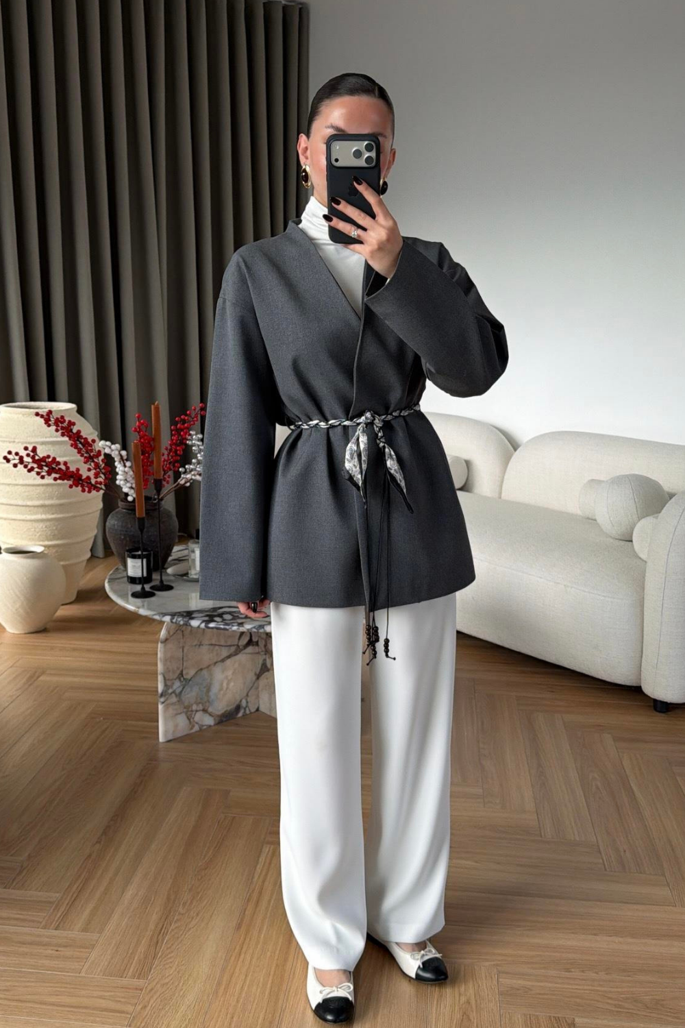 Fular Kemerli Blazer Antrasit