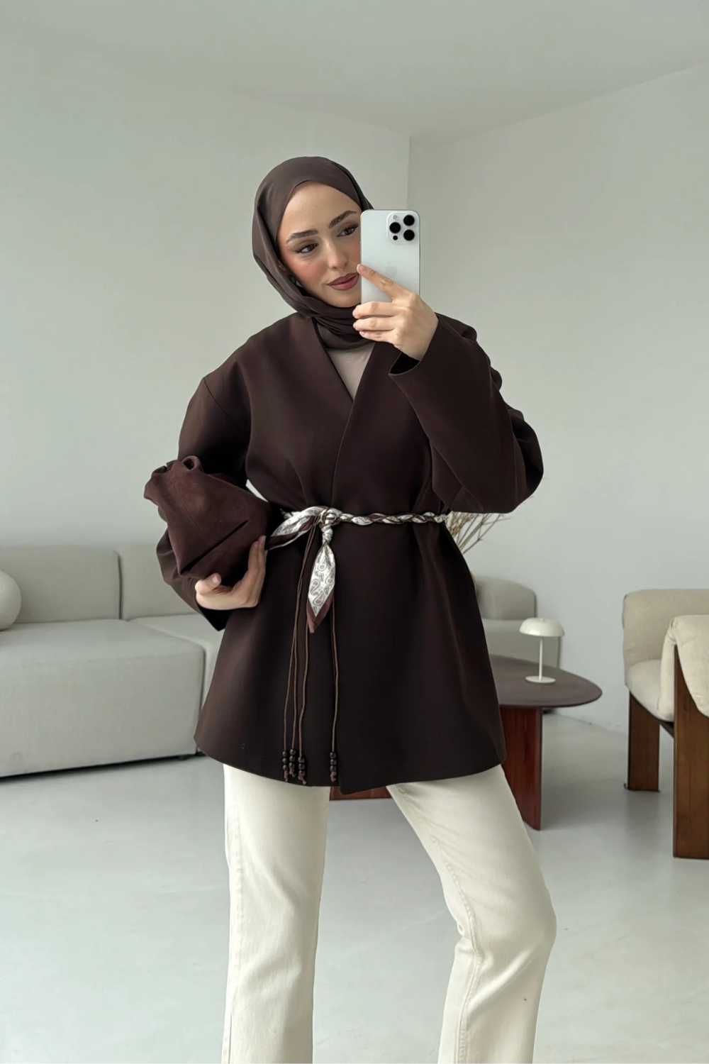 Fular Kemerli Blazer Kahve