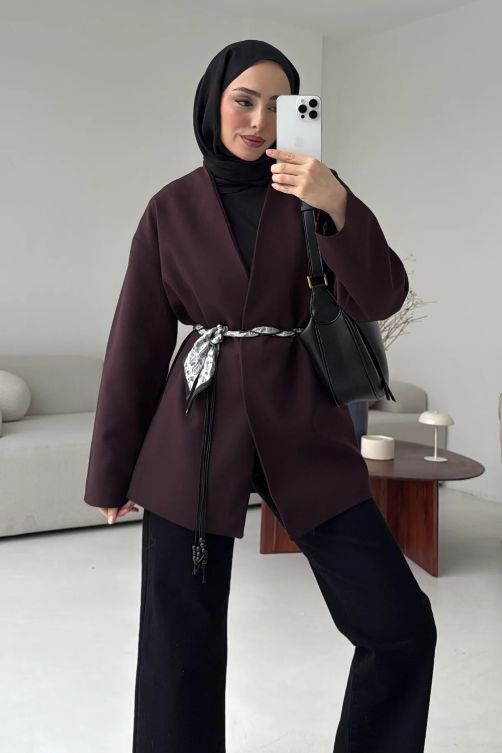 Fular Kemerli Blazer Mürdüm