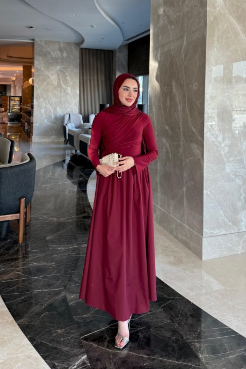 Garnili Asimetrik Elbise Bordo