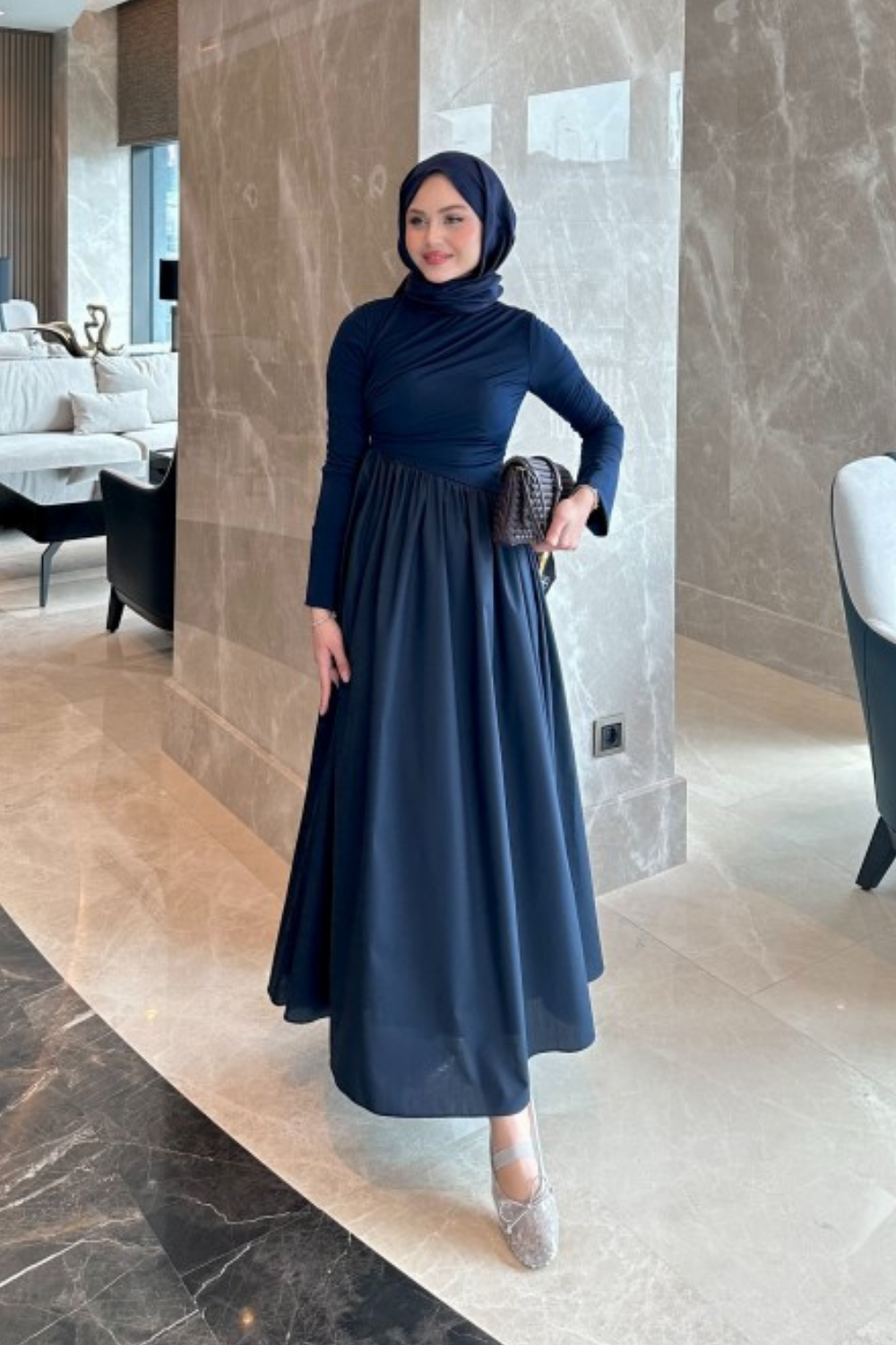 Garnili Asimetrik Elbise Lacivert