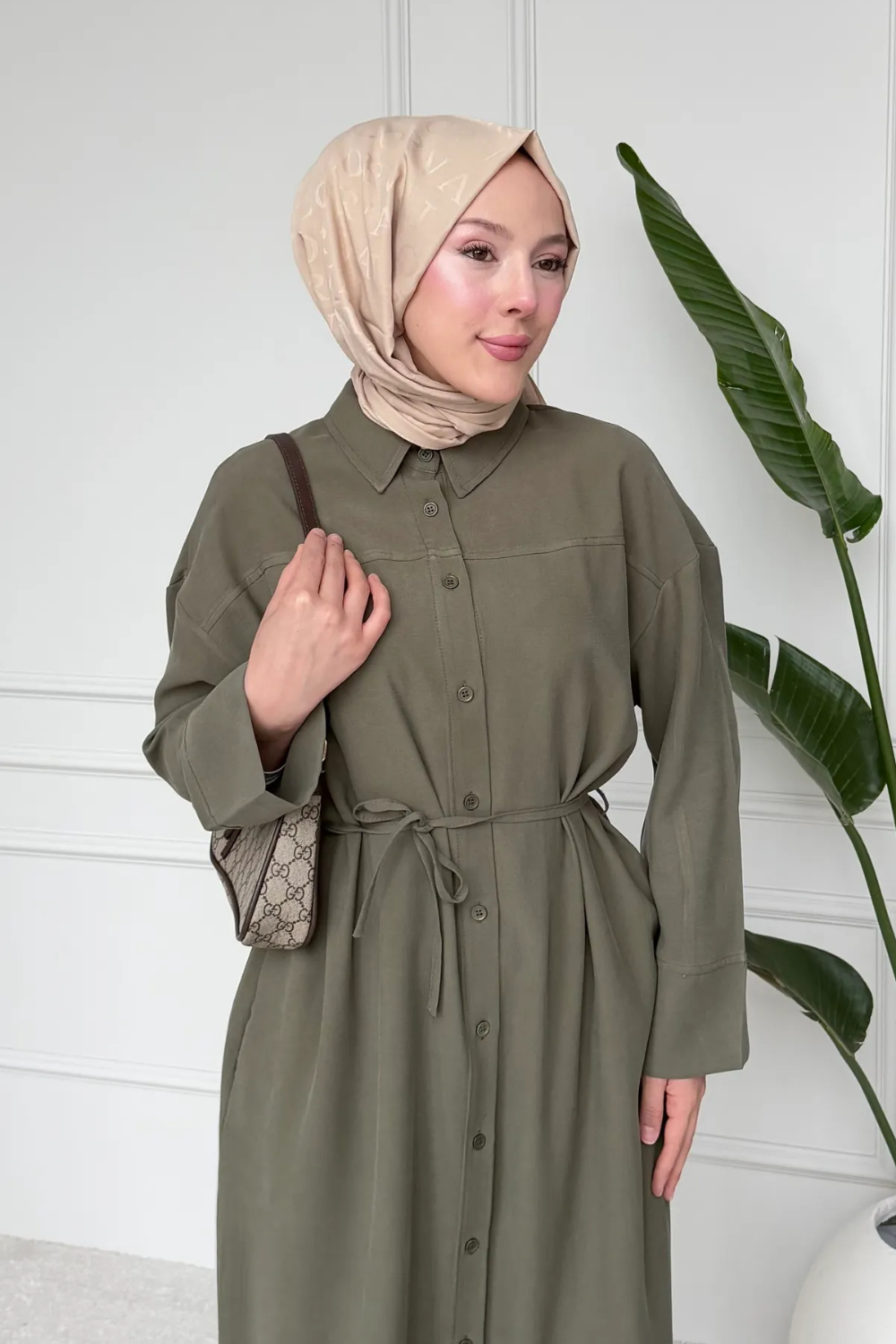 Gömlek Yaka Elbise Haki