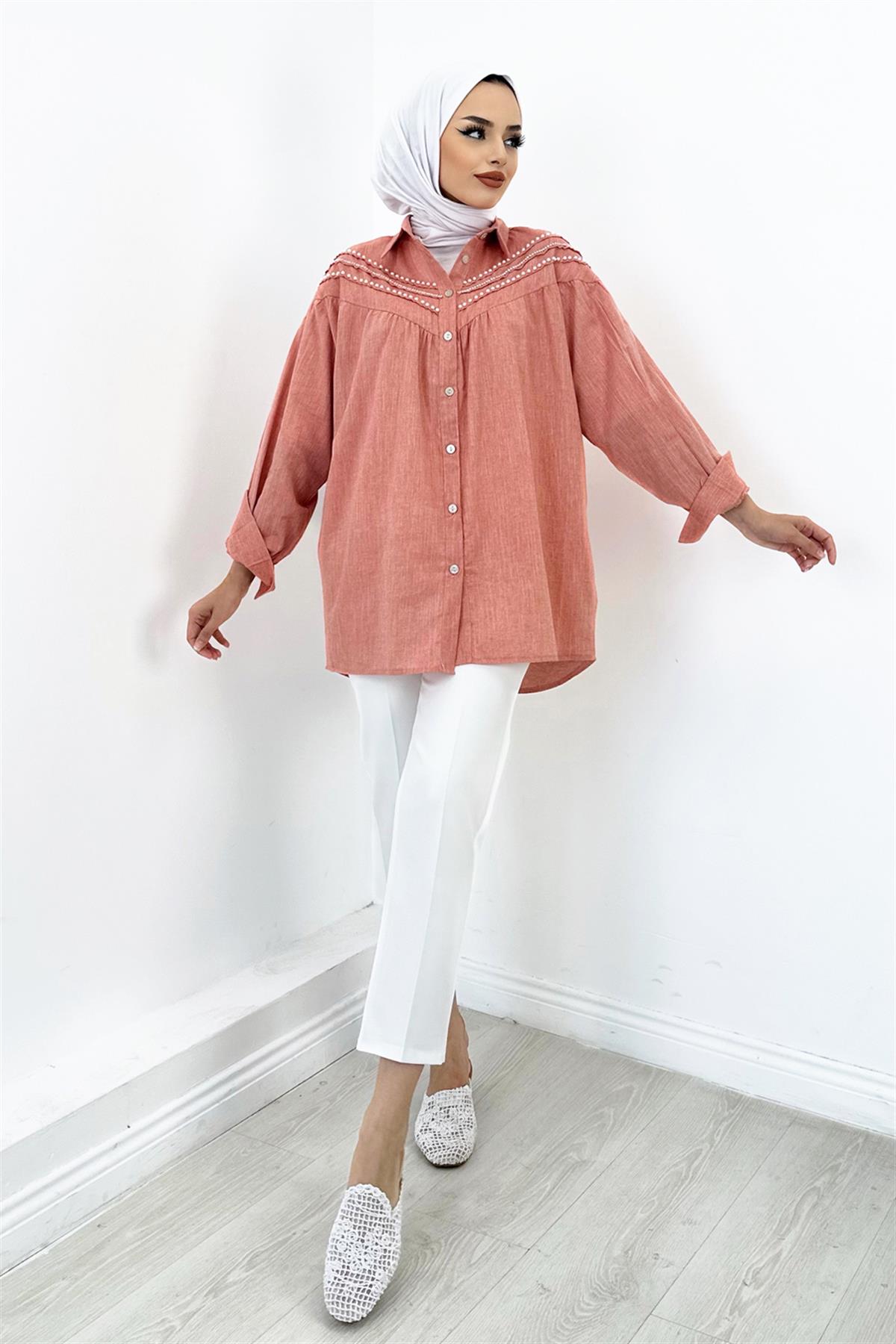 İnci Detaylı Gömlek Pudra