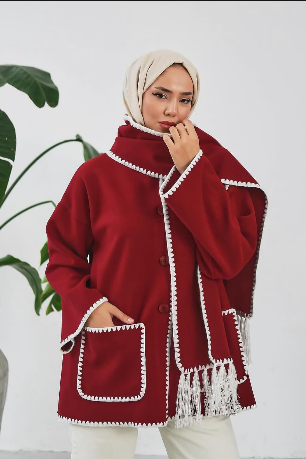 İşlemeli Ceket Bordo