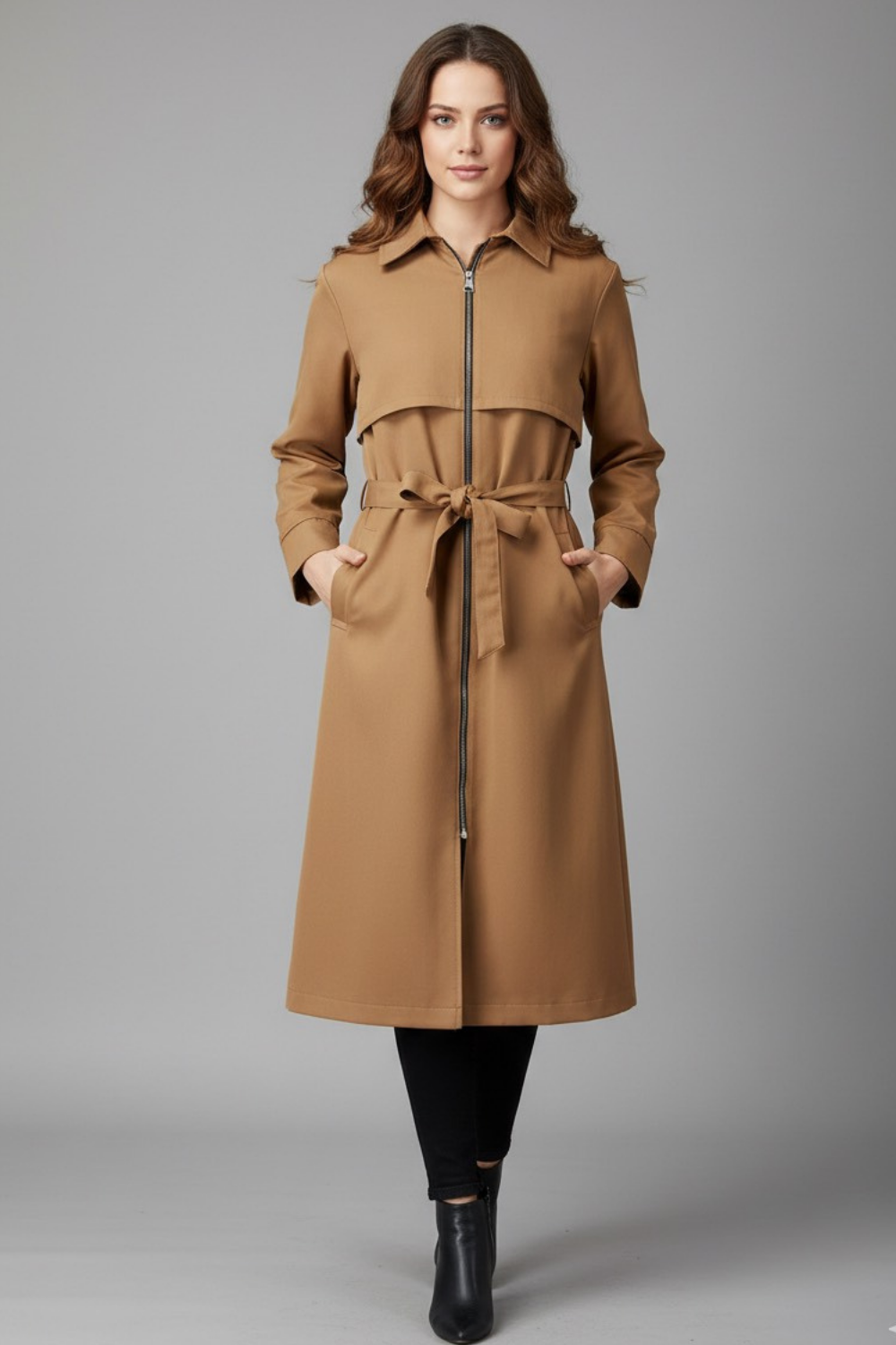 Kapüşonlu Fermuarlı Trençkot Camel