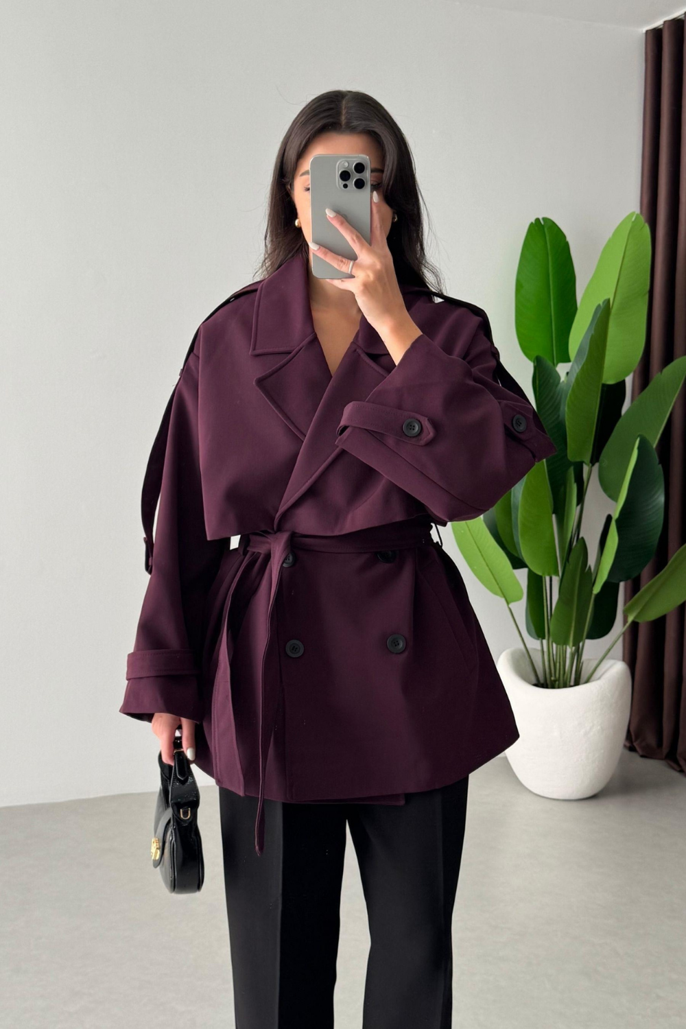 Kısa Trençkot Mürdüm