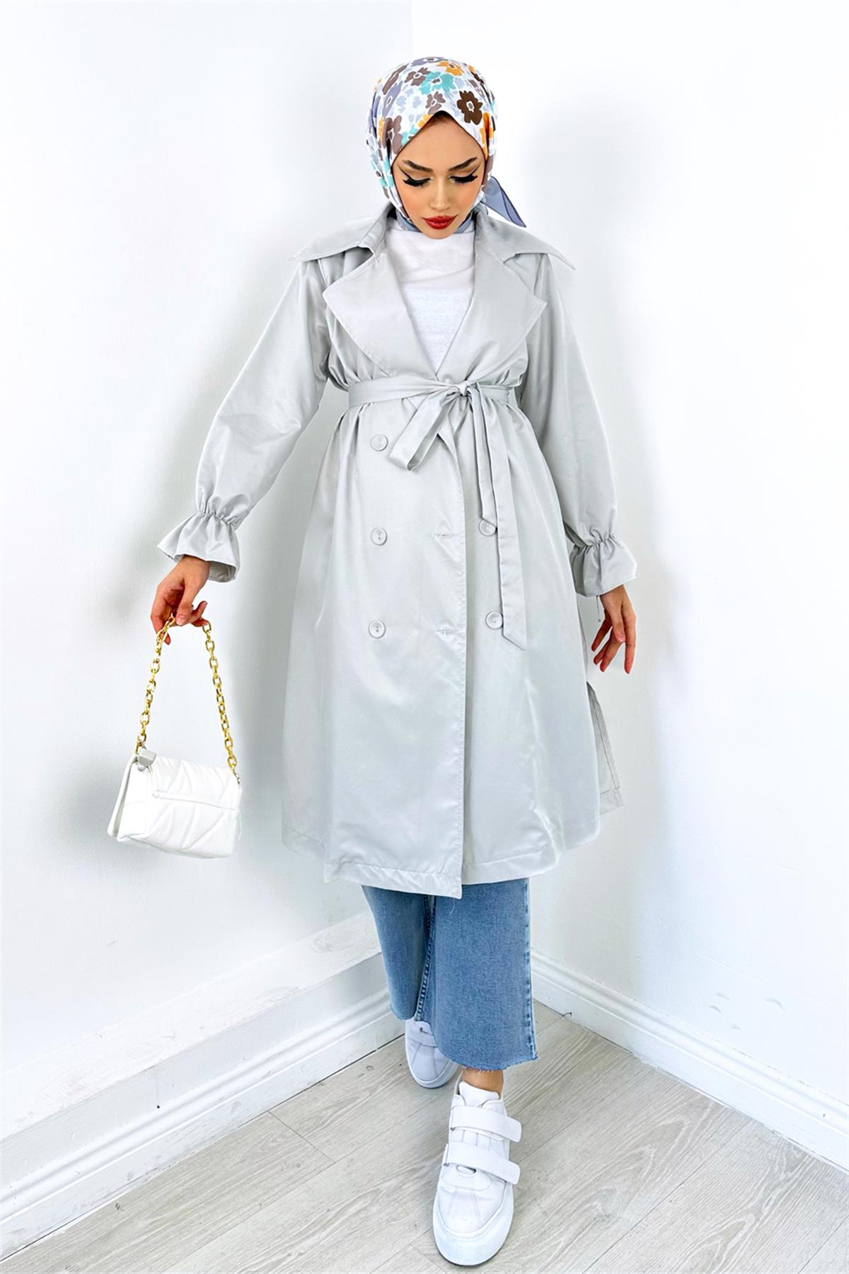 Kuşaklı Trençkot Gri