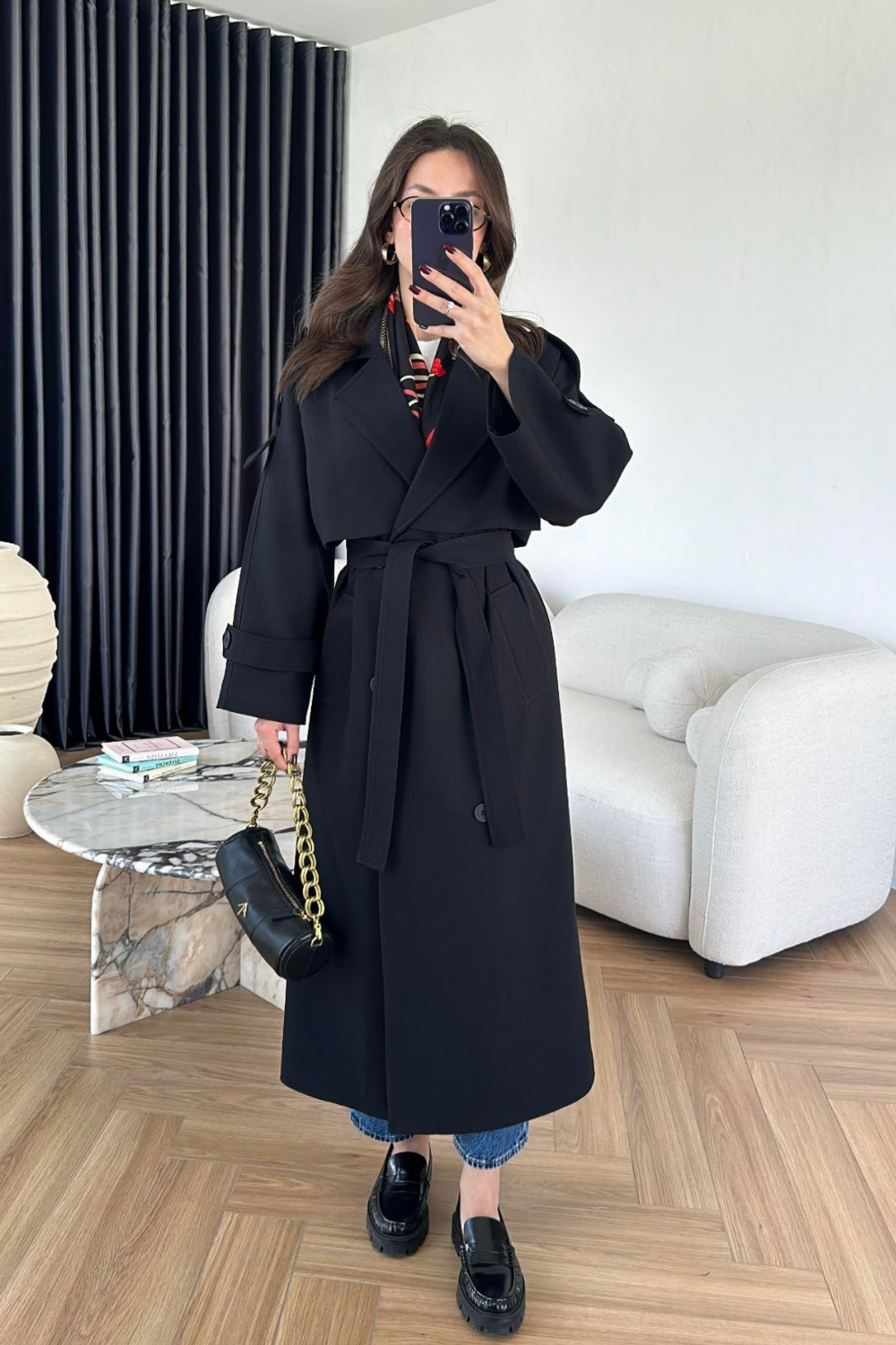 Kuşaklı Trençkot Siyah