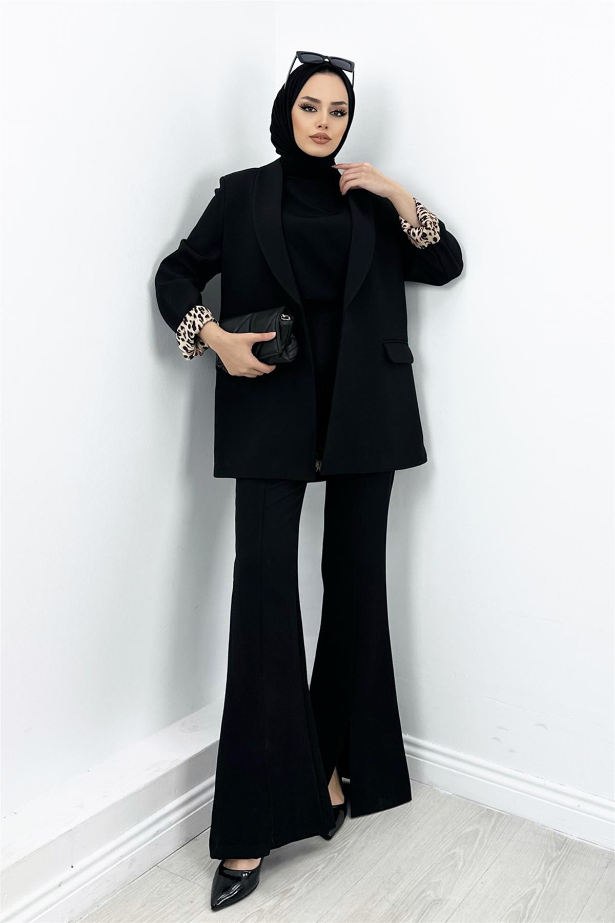 Leopar Detaylı Ceket Siyah