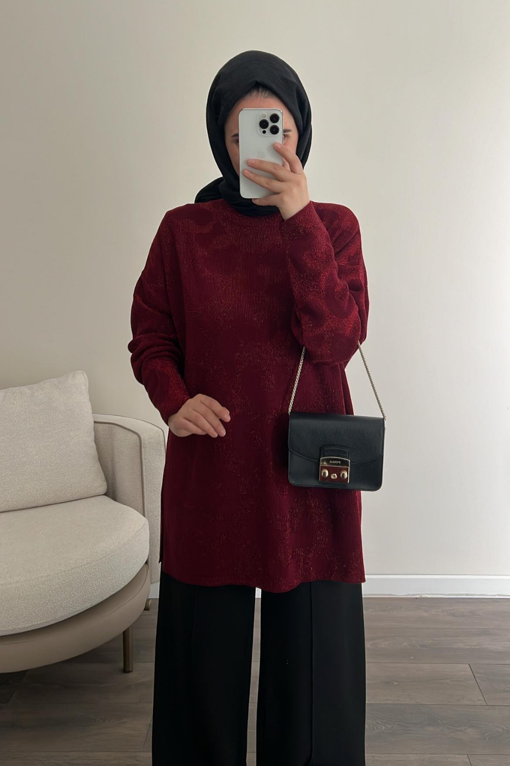 Leoparlı Simli Triko Bordo