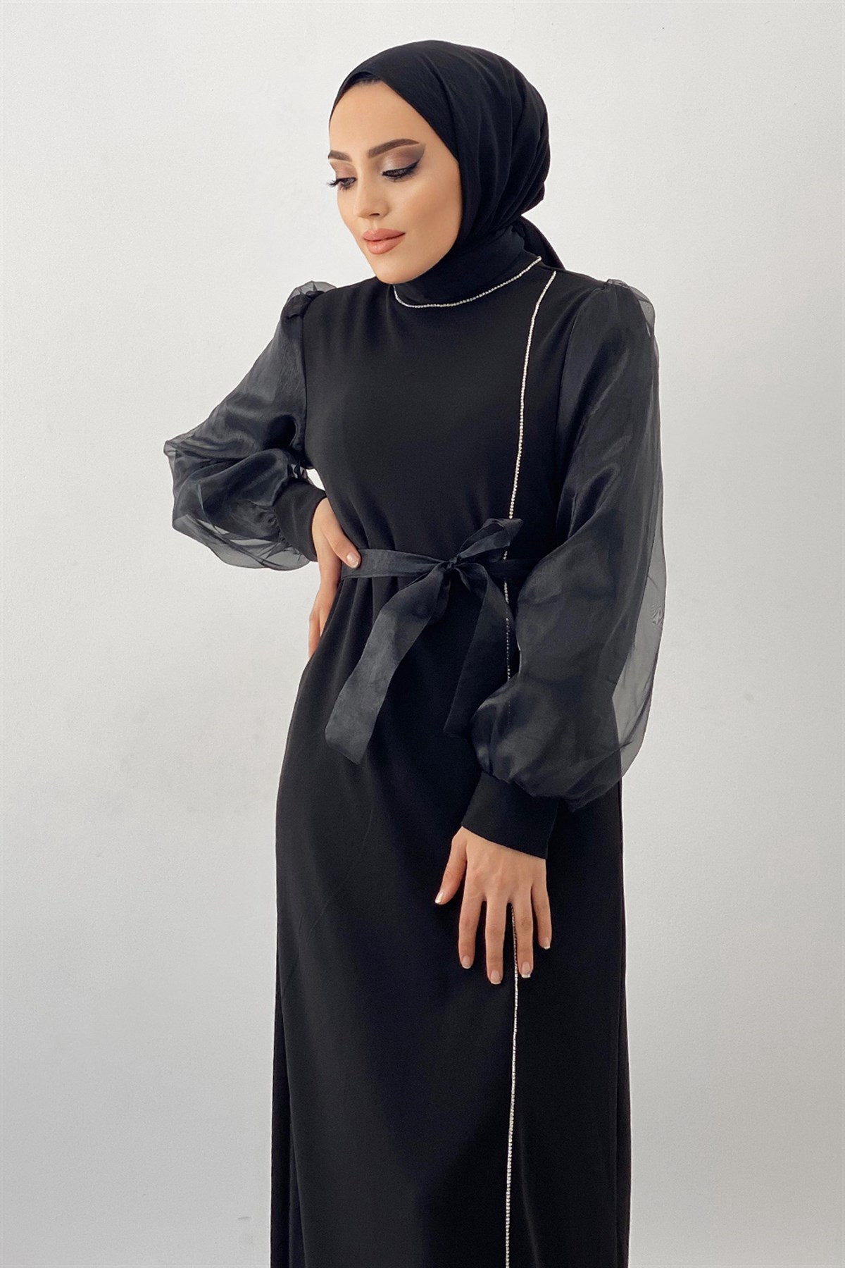 Organze Tül Kuşaklı Elbise-Siyah