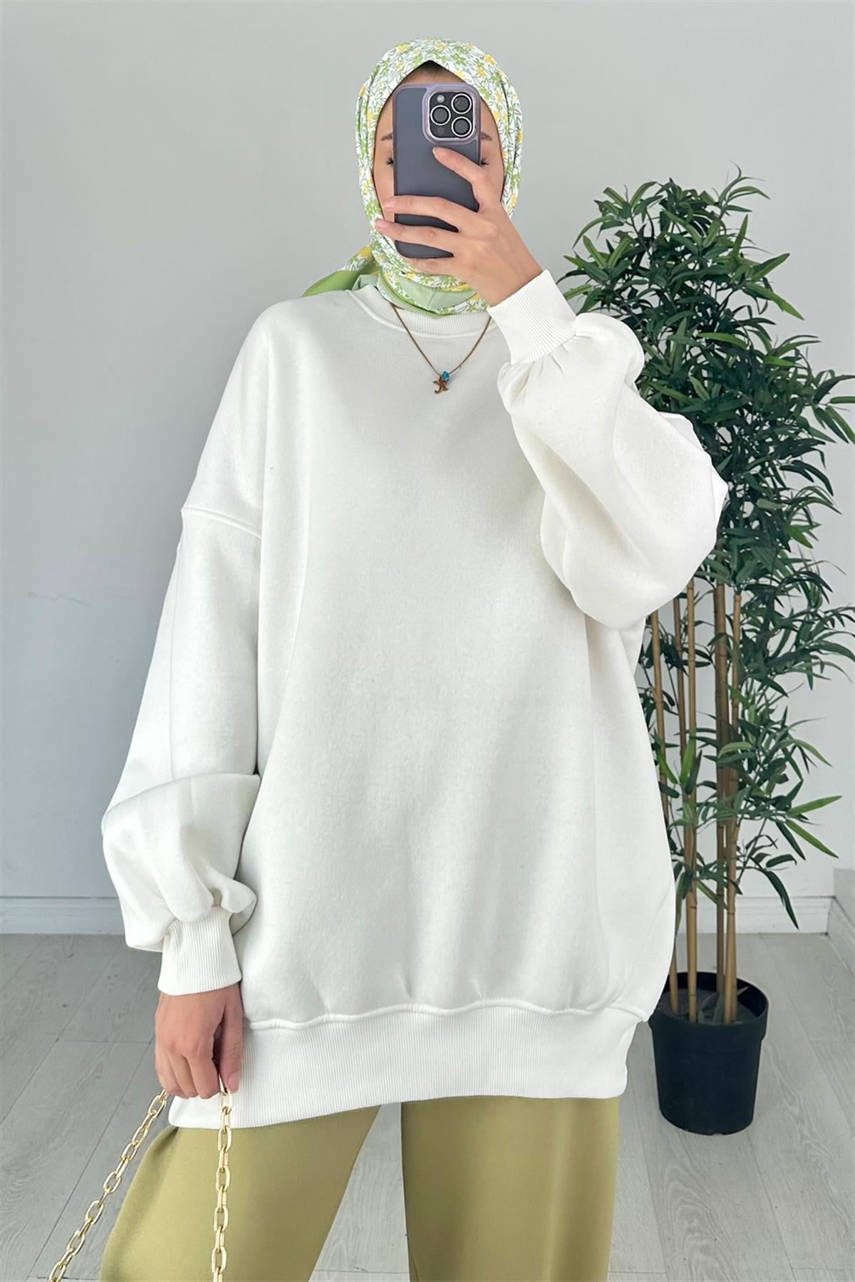 Oversize Bisiklet Yaka Sweat Beyaz