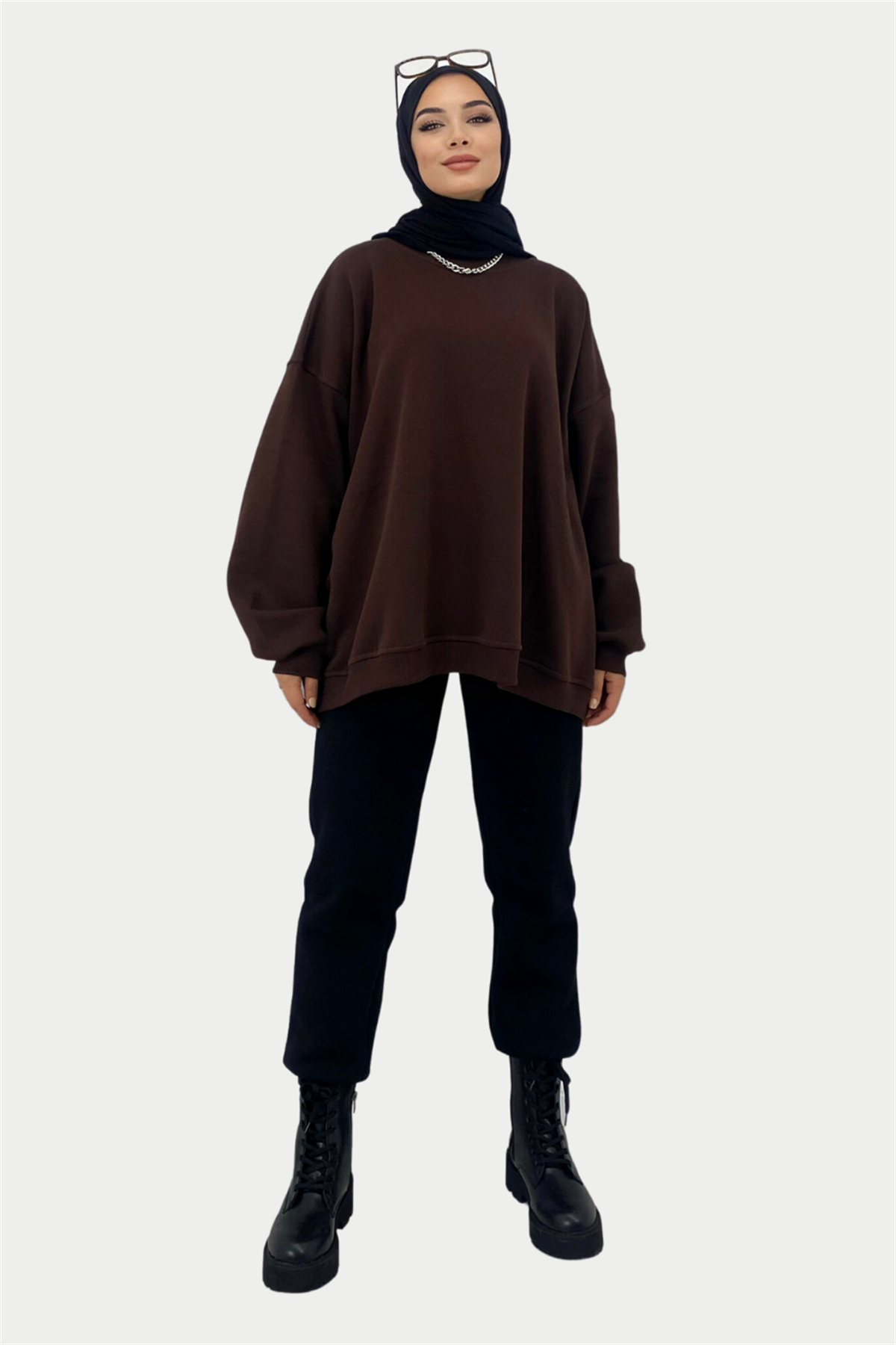 Oversize Bisiklet Yaka Sweat Kahverengi