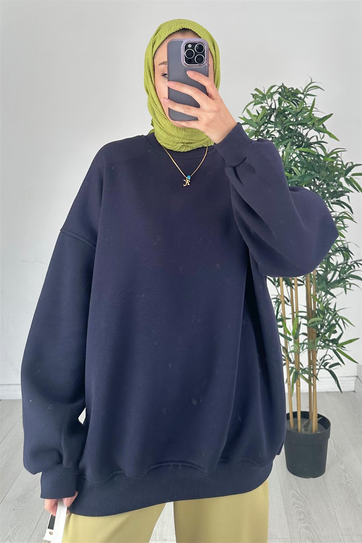 Oversize Bisiklet Yaka Sweat Lacivert