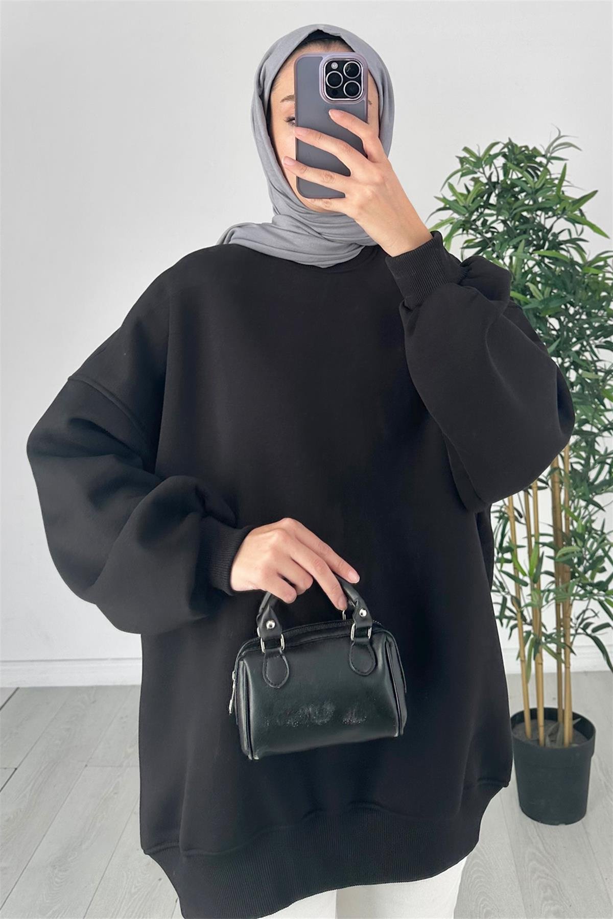 Oversize Bisiklet Yaka Sweat Siyah