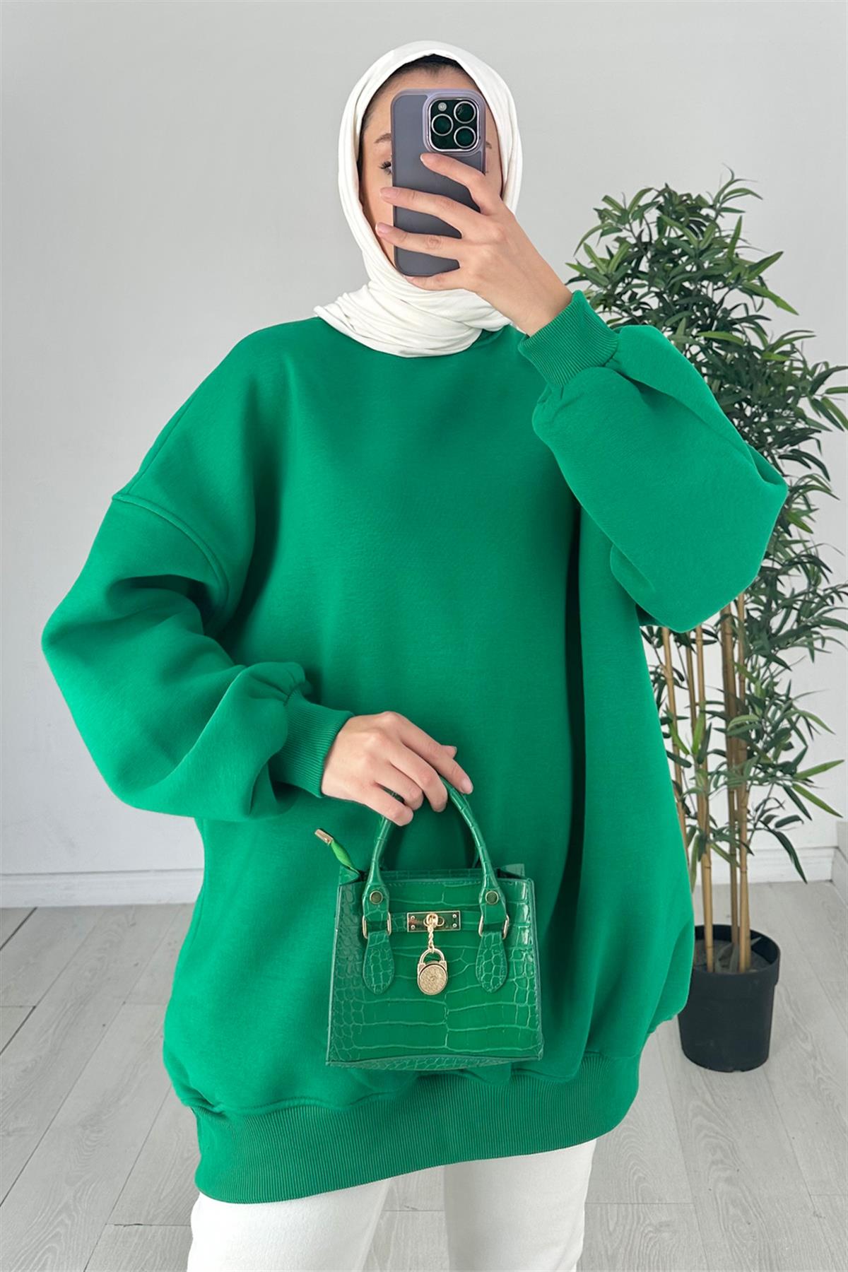 Oversize Bisiklet Yaka Sweat Zümrüt Yeşili