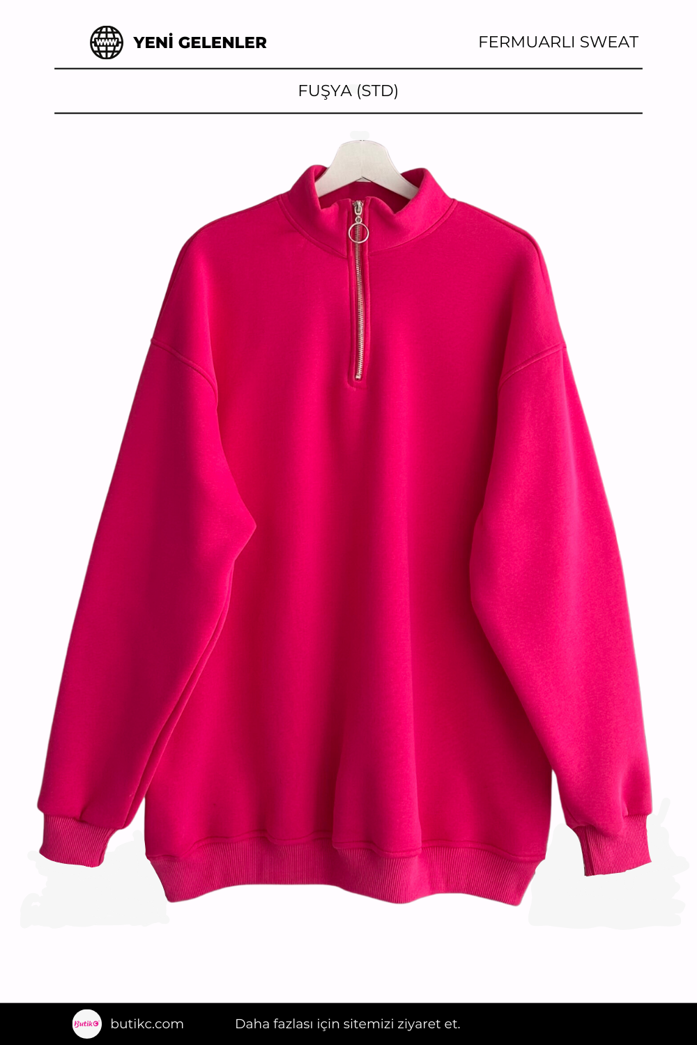 Oversize Fermuarlı Sweat Fuşya
