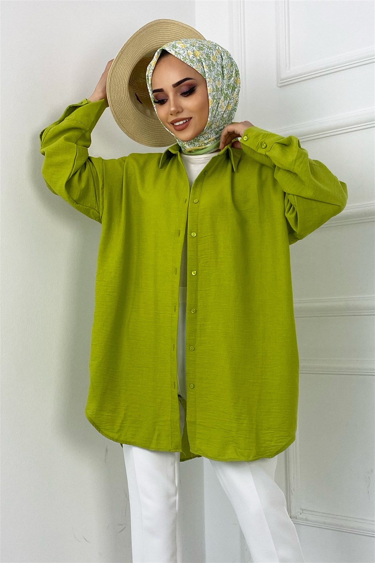 Oversize Keten Gömlek Yağ Yeşili