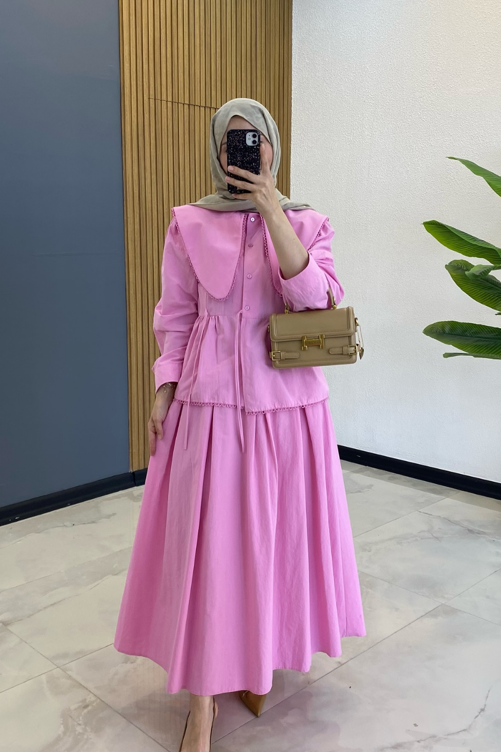 Poplin Etekli Takım Pembe