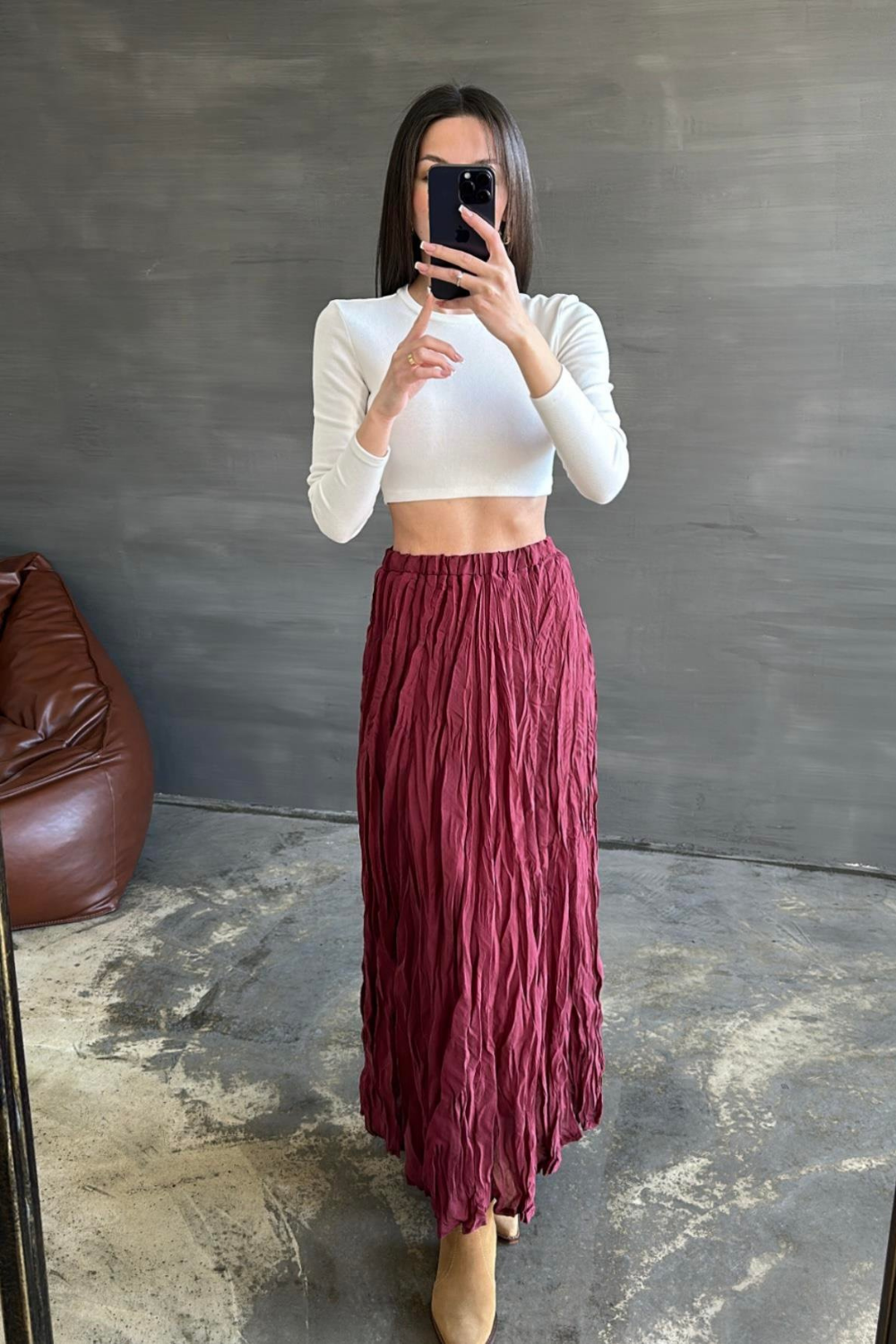 Saten Kırışık Etek Bordo