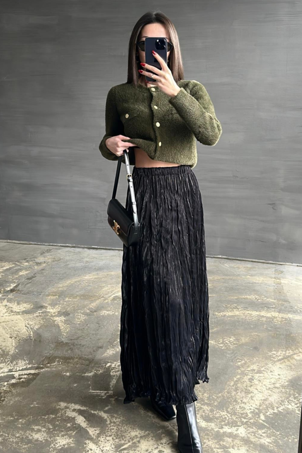 Saten Kırışık Etek Siyah