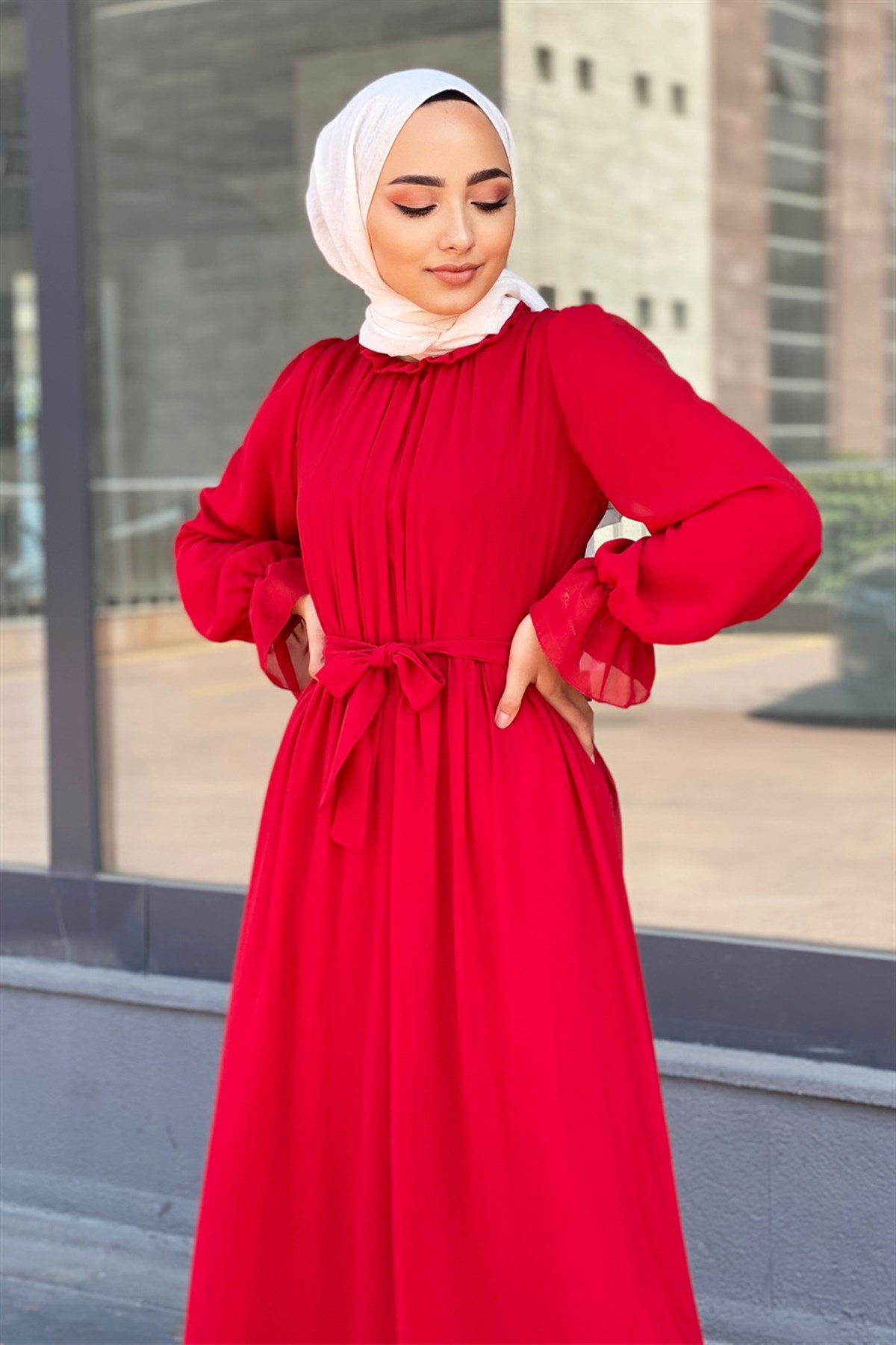 Şifon Elbise-Kırmızı | www.butikc.com
