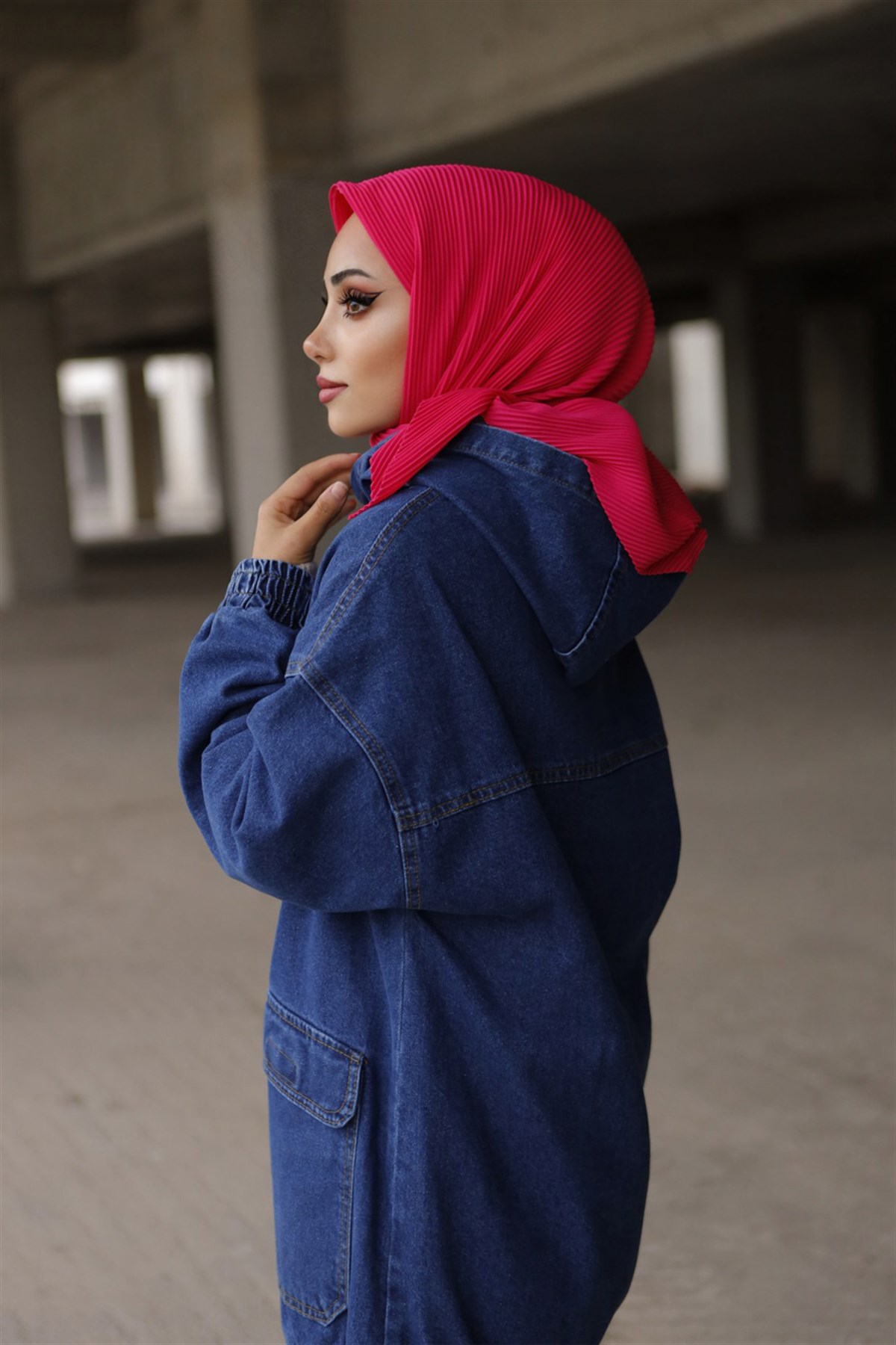 Tek Renk Pliseli Eşarp Fuşya