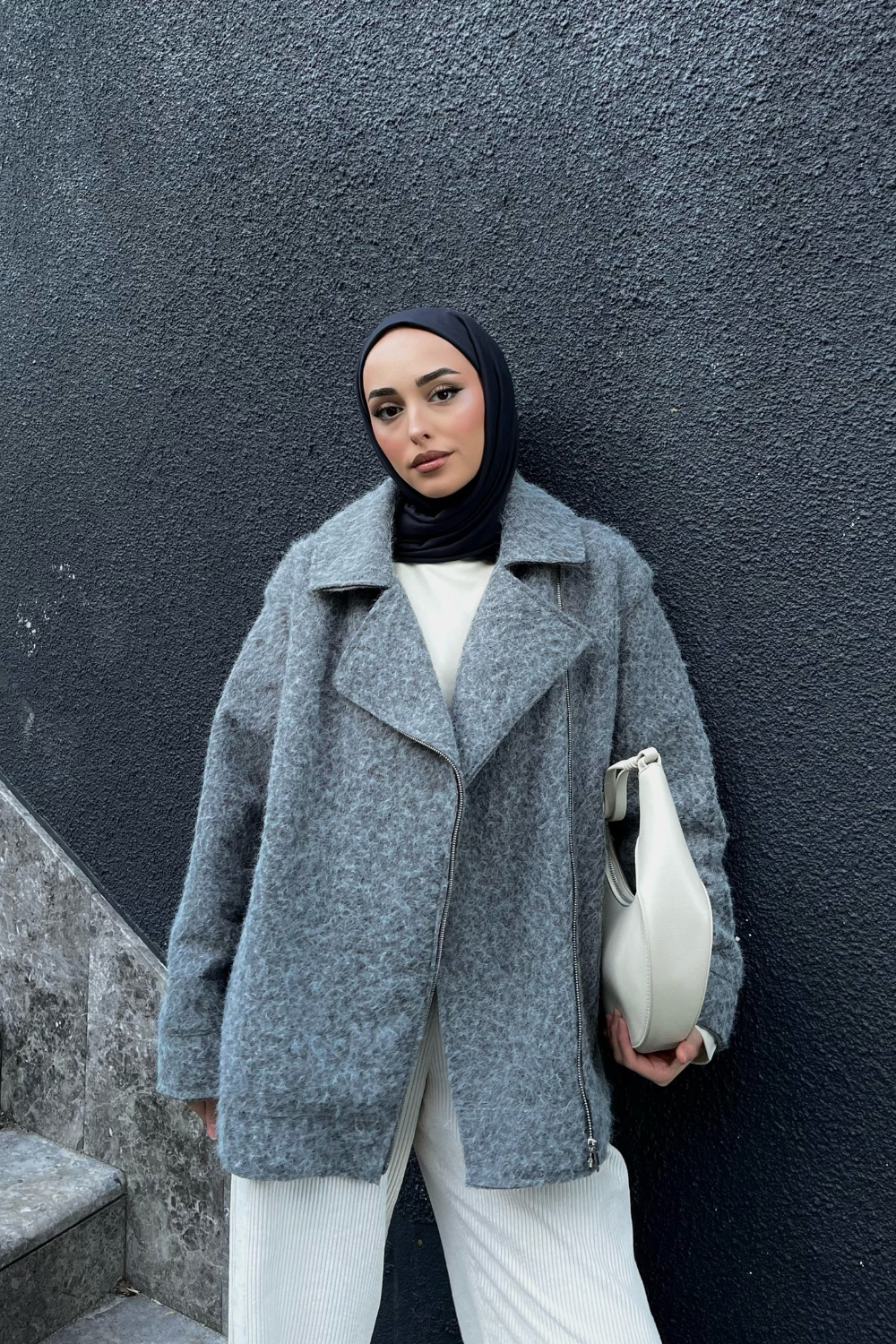 Tiftikli Kaşe Ceket Gri