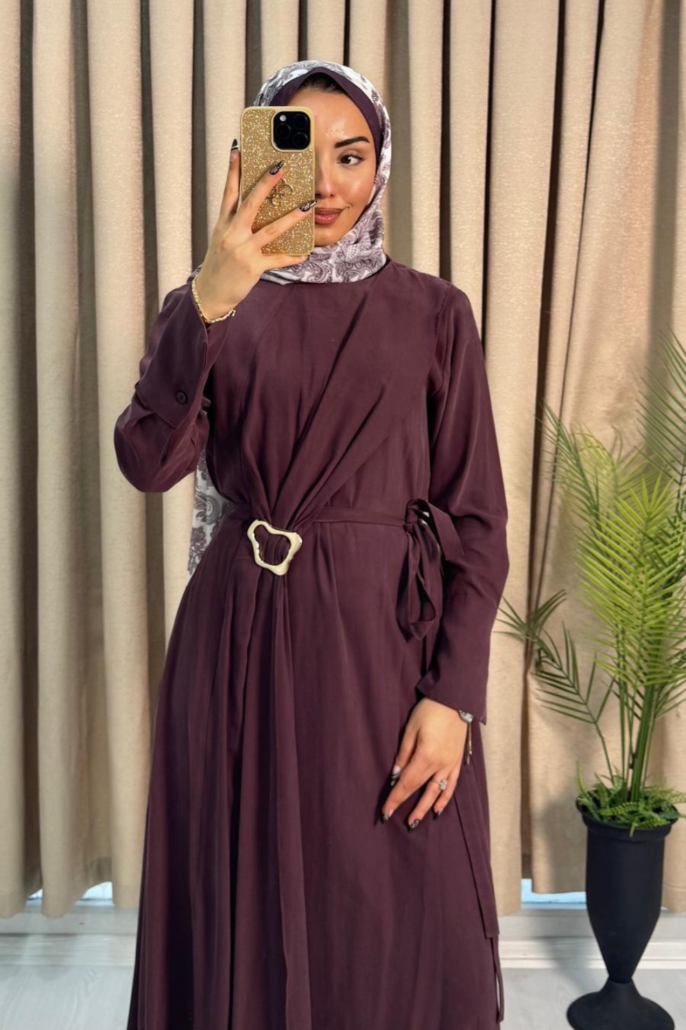 Toka Detaylı Elbise Mürdüm