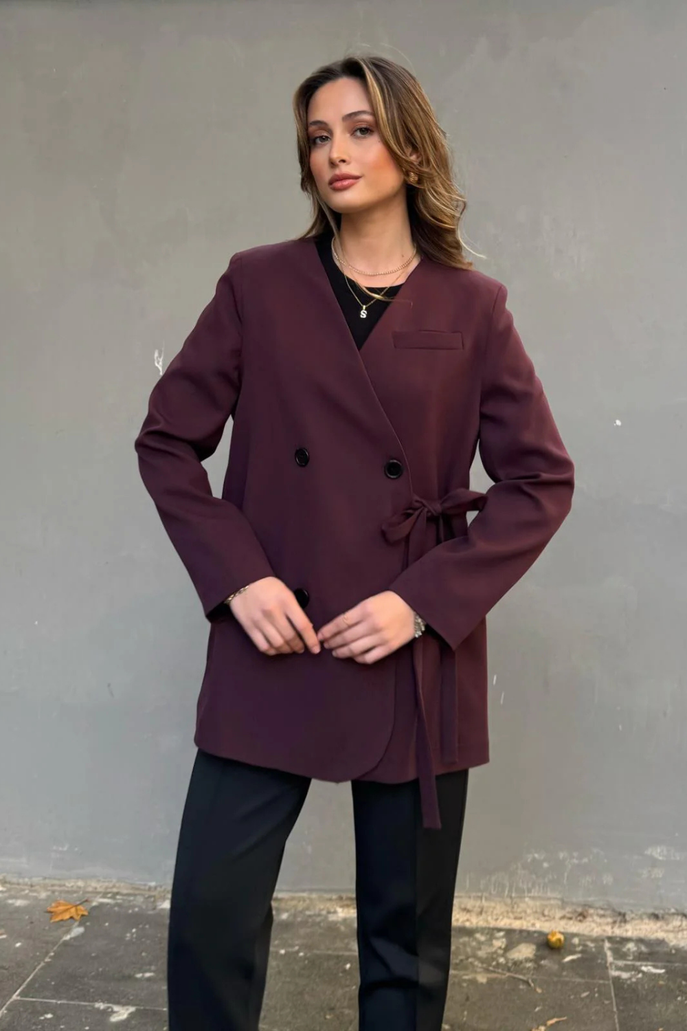 Yandan Bağlamalı Ceket Mürdüm