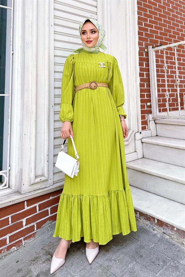 Hasır Kemerli Elbise Yağ Yeşili
