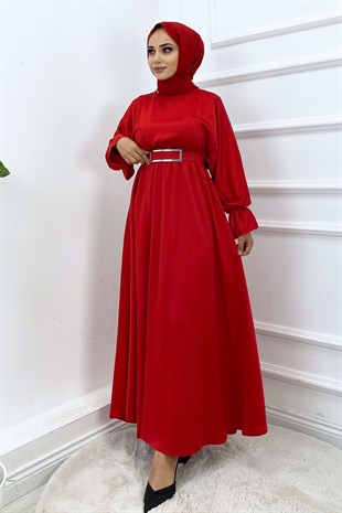 Bel Ve Kol Lastikli Saten Elbise-Kırmızı