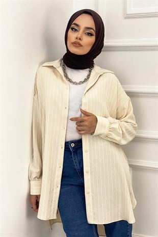 Çizgili Oversize Gömlek Taş